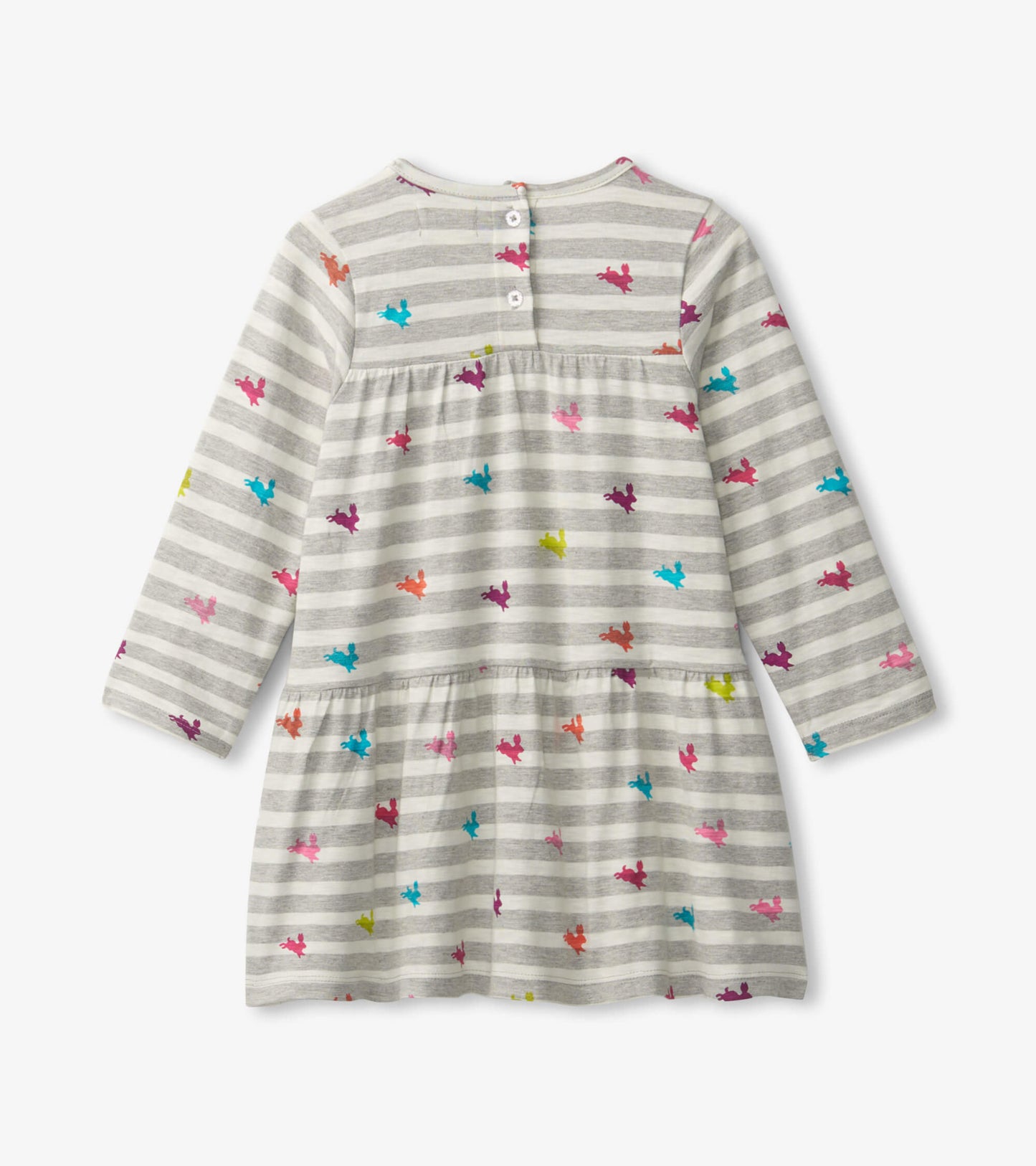 Gray striped tiered dress featuring colorful bunny prints, long sleeves, and button closure at the back.