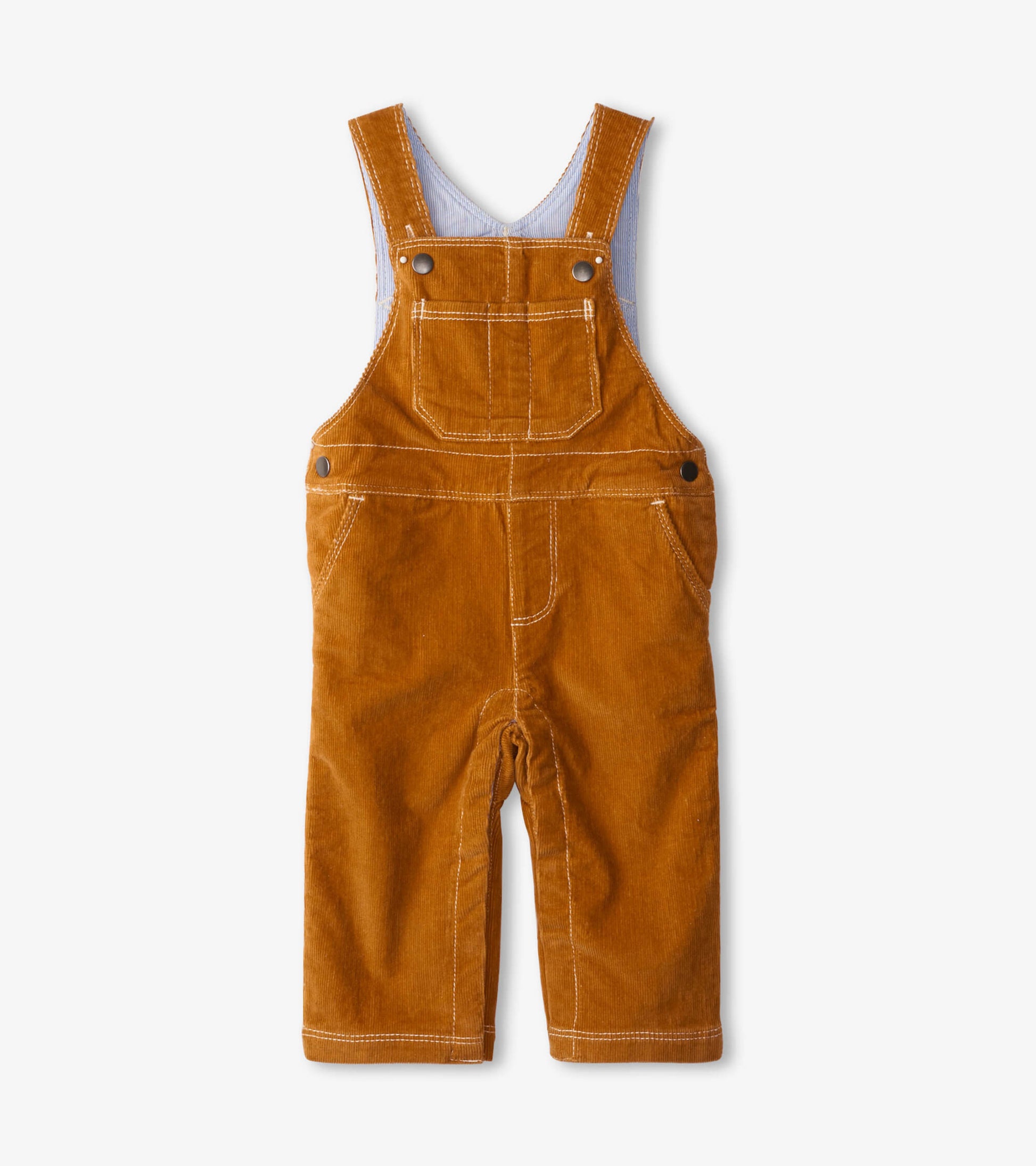 Pecan brown corduroy overalls with adjustable straps and front pockets, suitable for infants.
