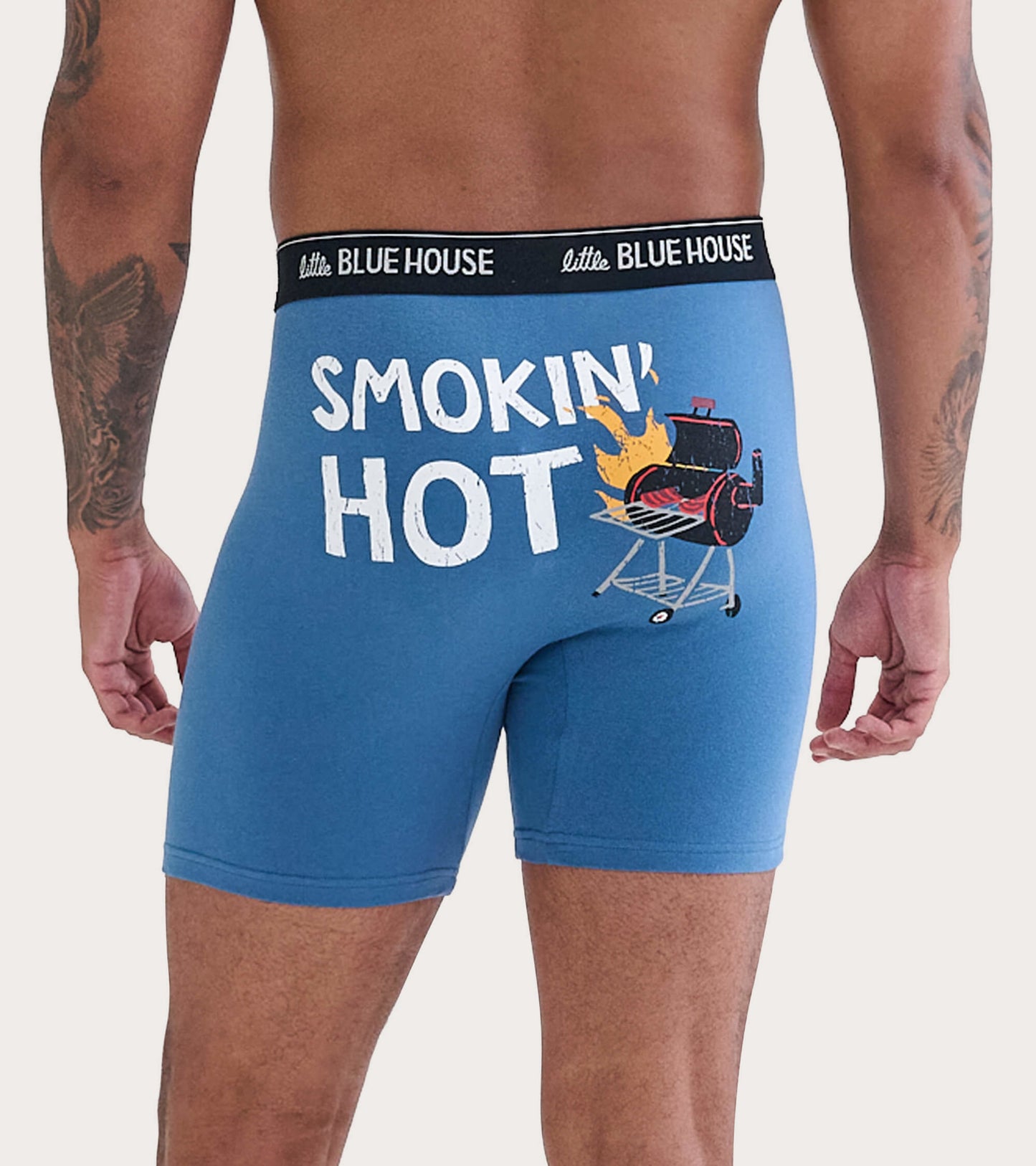 Blue boxer briefs featuring a grill graphic and "Smokin' Hot" text on the back, with a comfortable waistband.