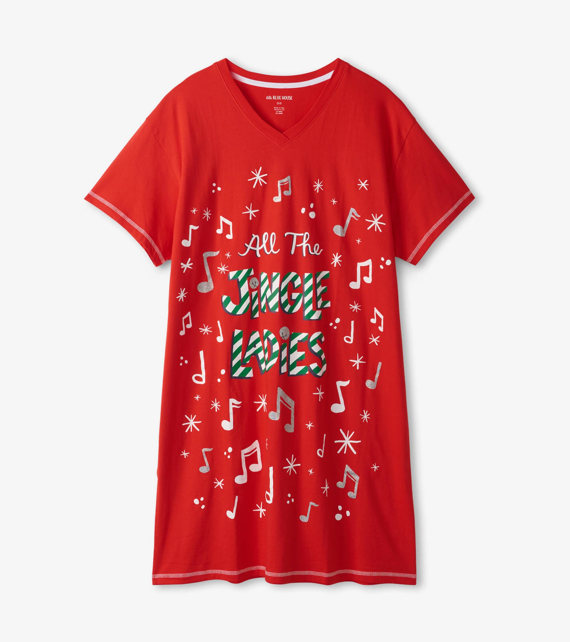 Red sleepshirt featuring a V-neck, short sleeves, and festive "All the Jingle Ladies" graphic with musical notes.