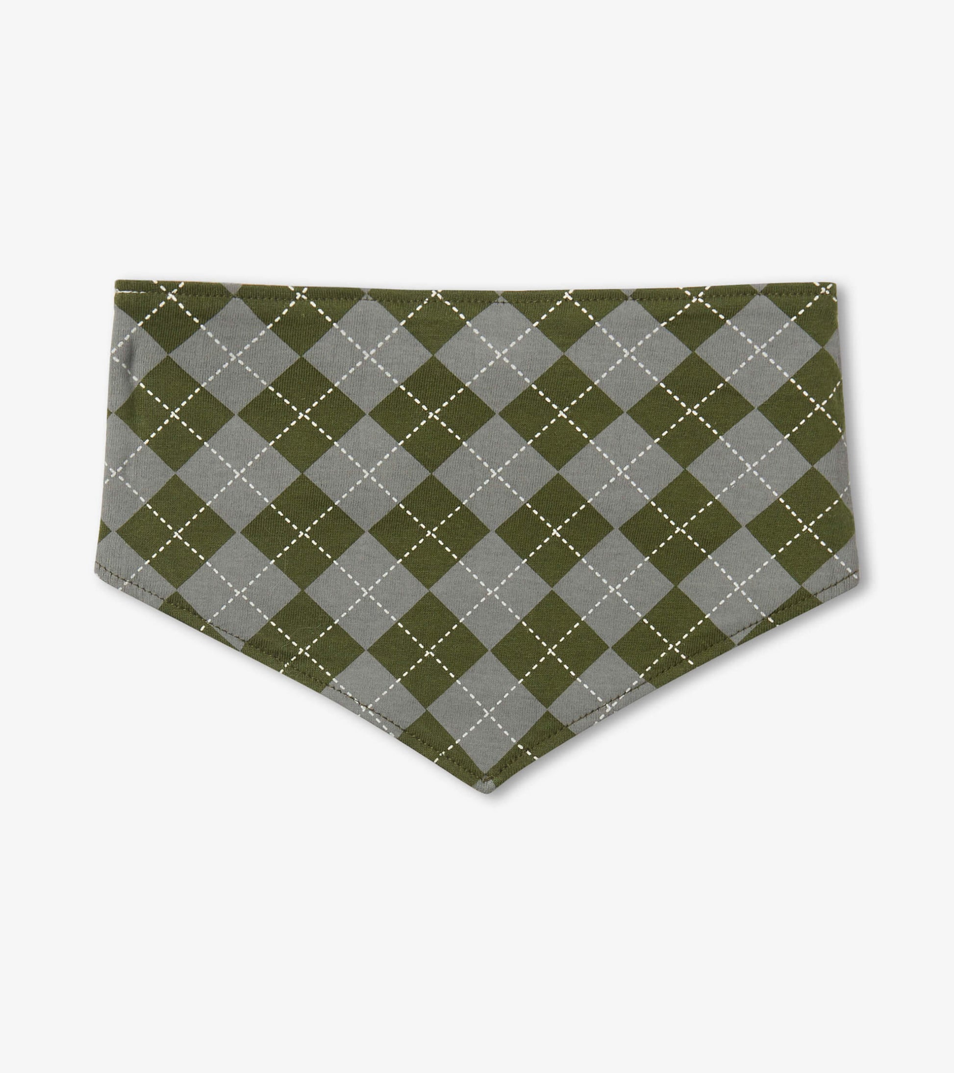 Reversible dog bandana featuring a green and gray diamond pattern with white stitching, suitable for small to extra-large do…