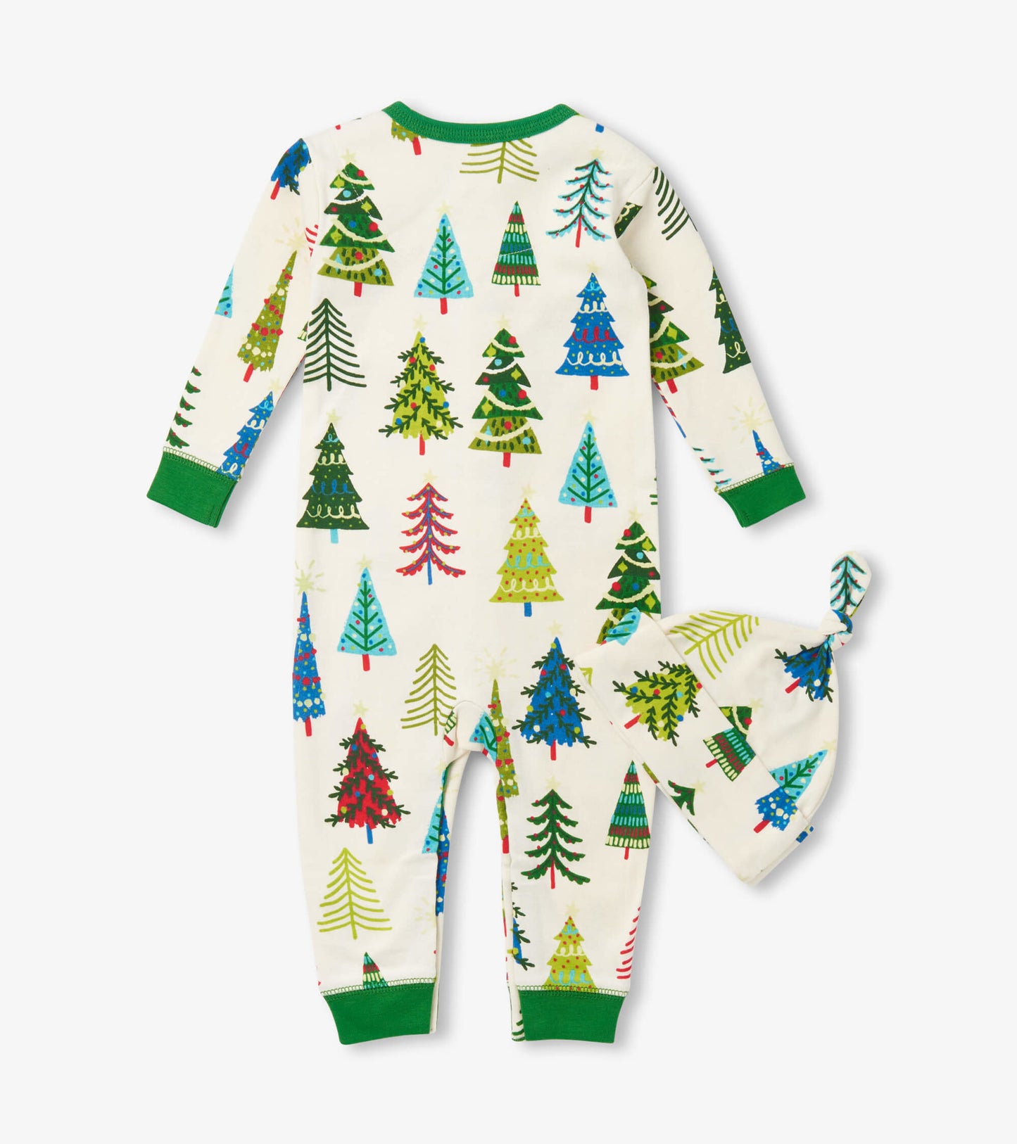 Cream sleeper with colorful Christmas tree print and matching hat, featuring long sleeves and green cuffs.