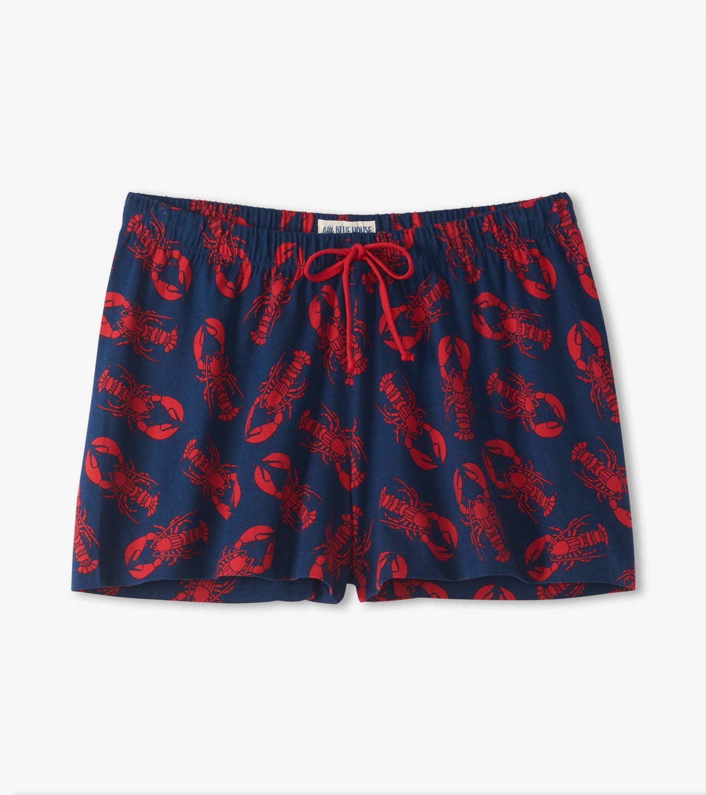 Navy cotton sleep shorts featuring a red lobster pattern and an elastic waistband with a drawstring.