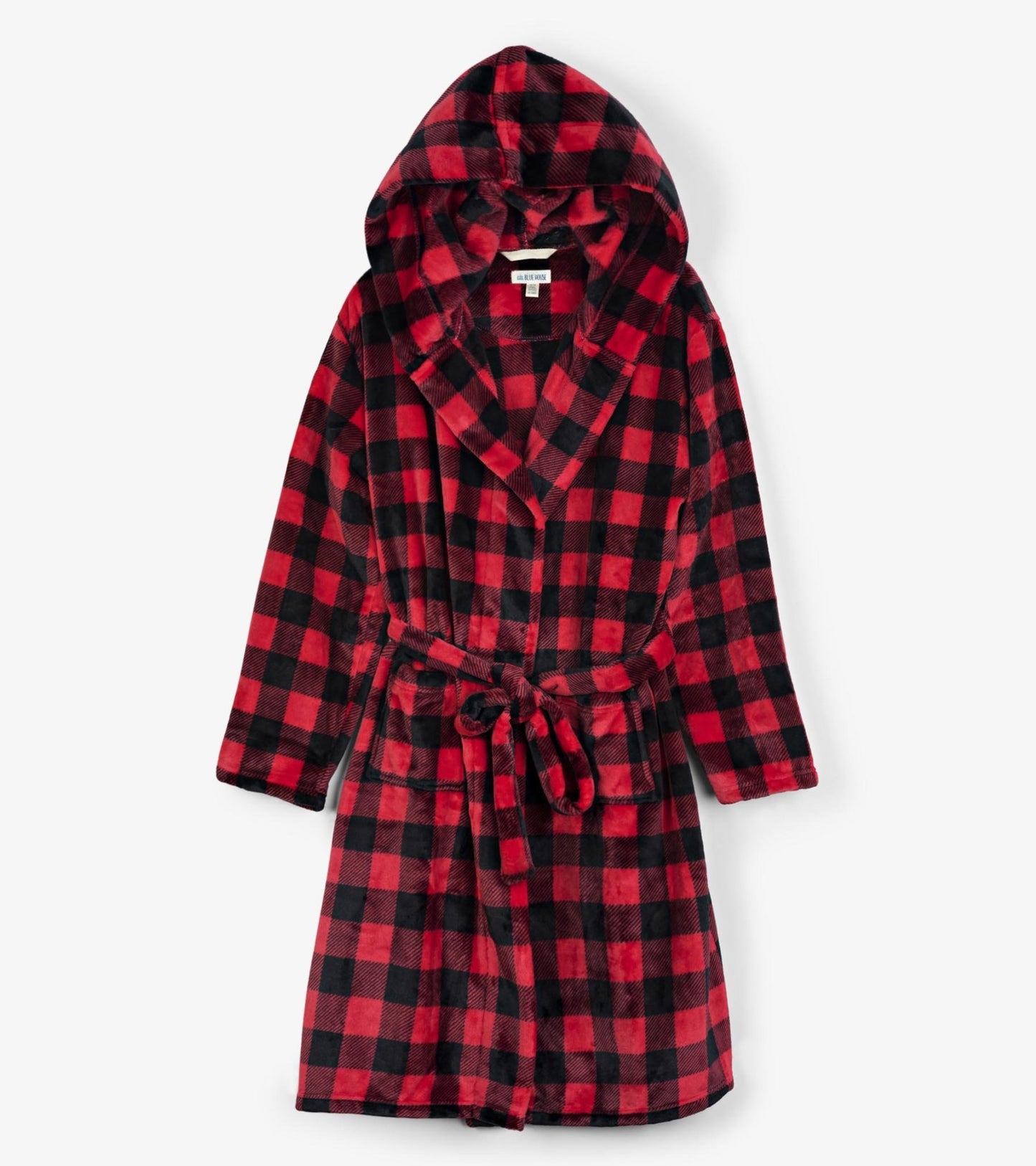 Red and black buffalo plaid fleece robe with a hood, tie belt, and long sleeves.