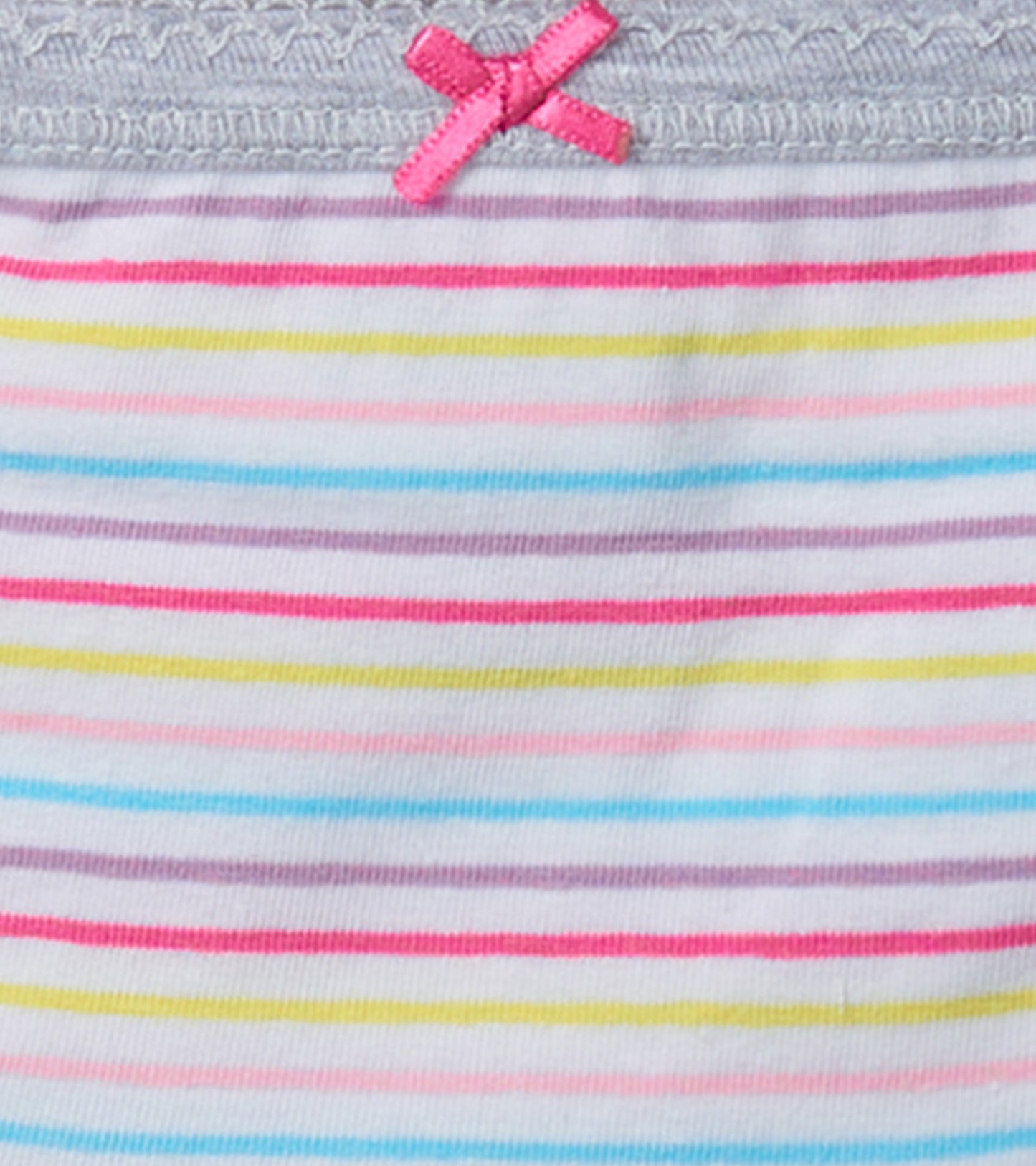 Hipster underwear featuring vibrant horizontal stripes in pink, blue, yellow, and purple with a decorative pink bow.