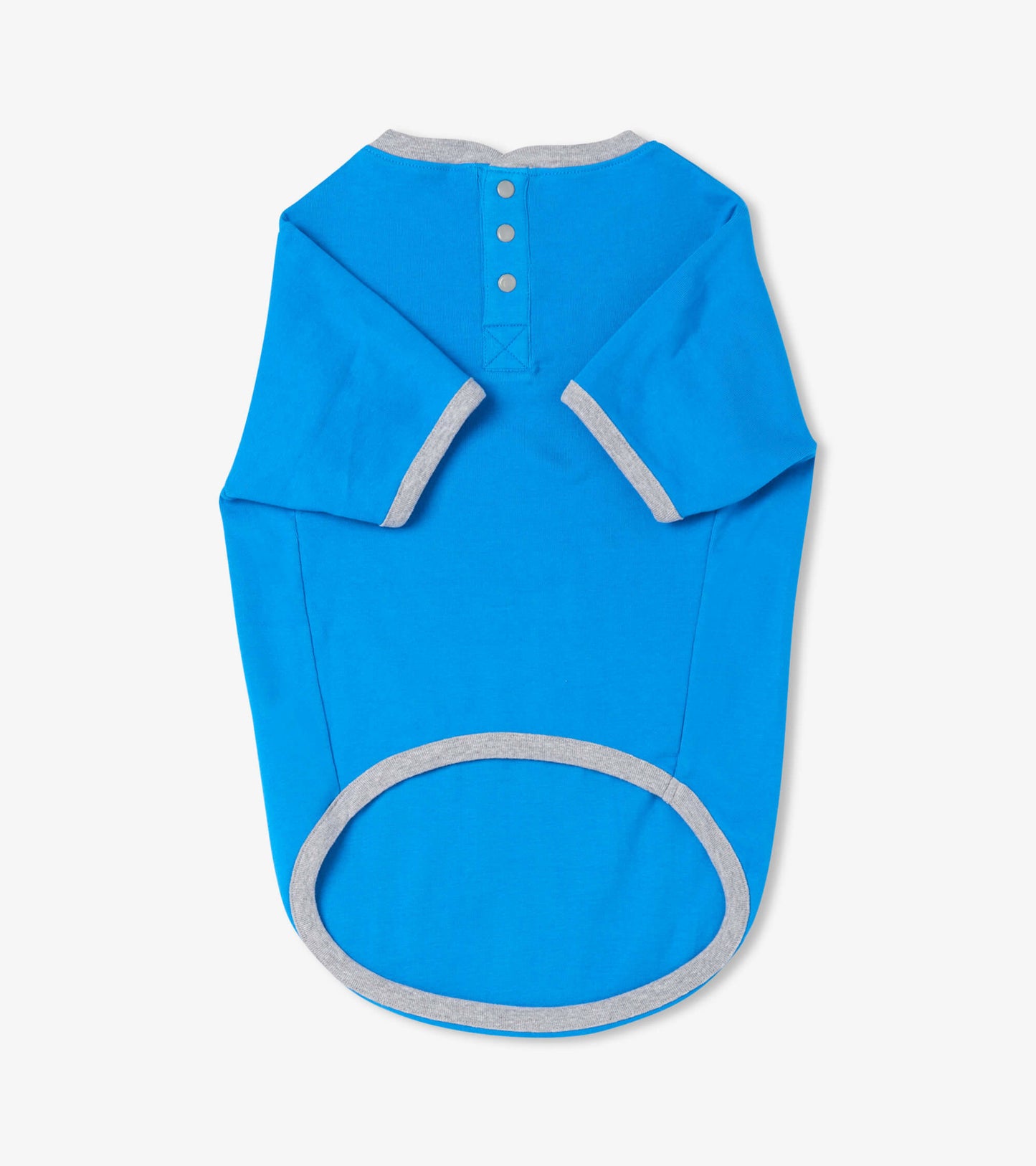 Bright blue dog tee with gray trim and button closure at the back, designed for comfort and style.