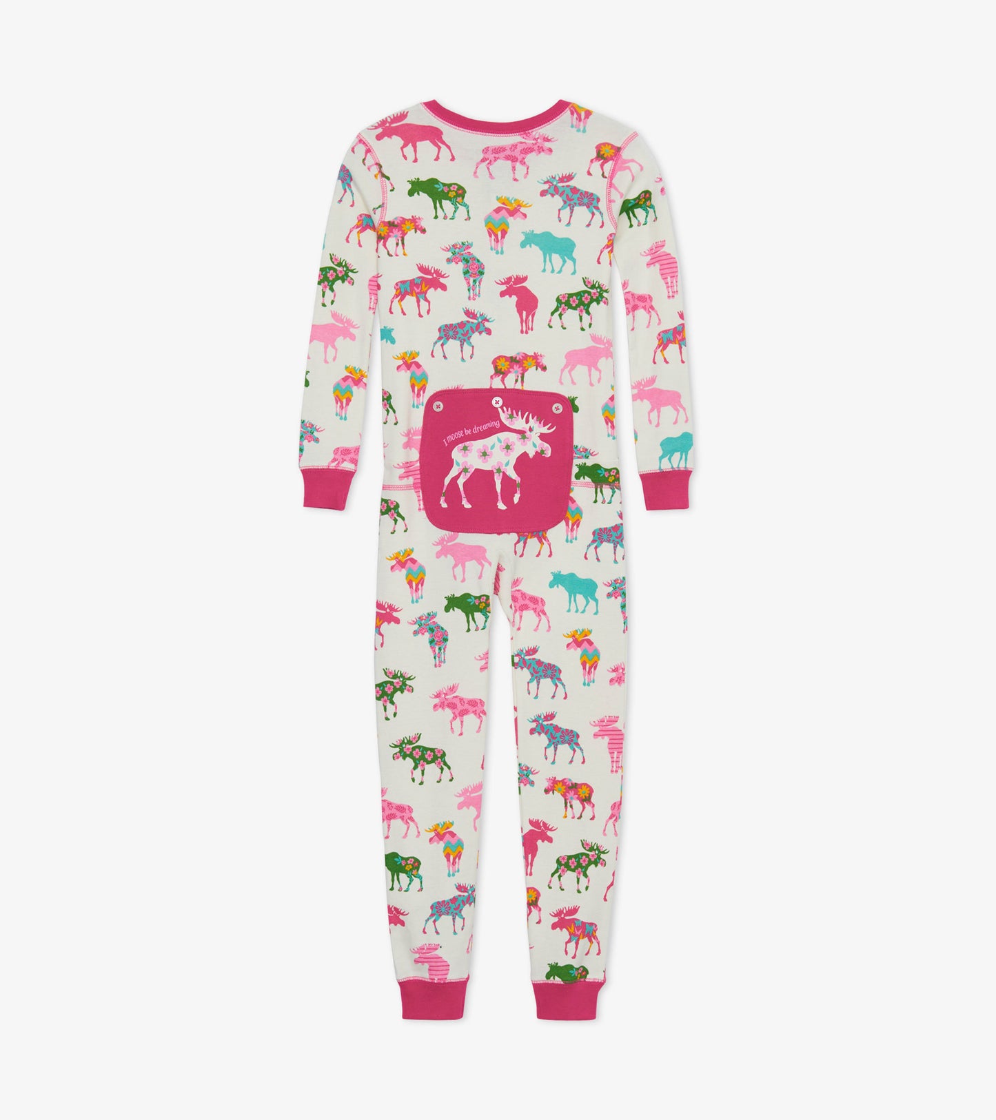 Kids' onesie featuring a colorful moose pattern on a light background, with pink cuffs and a pocket on the back.