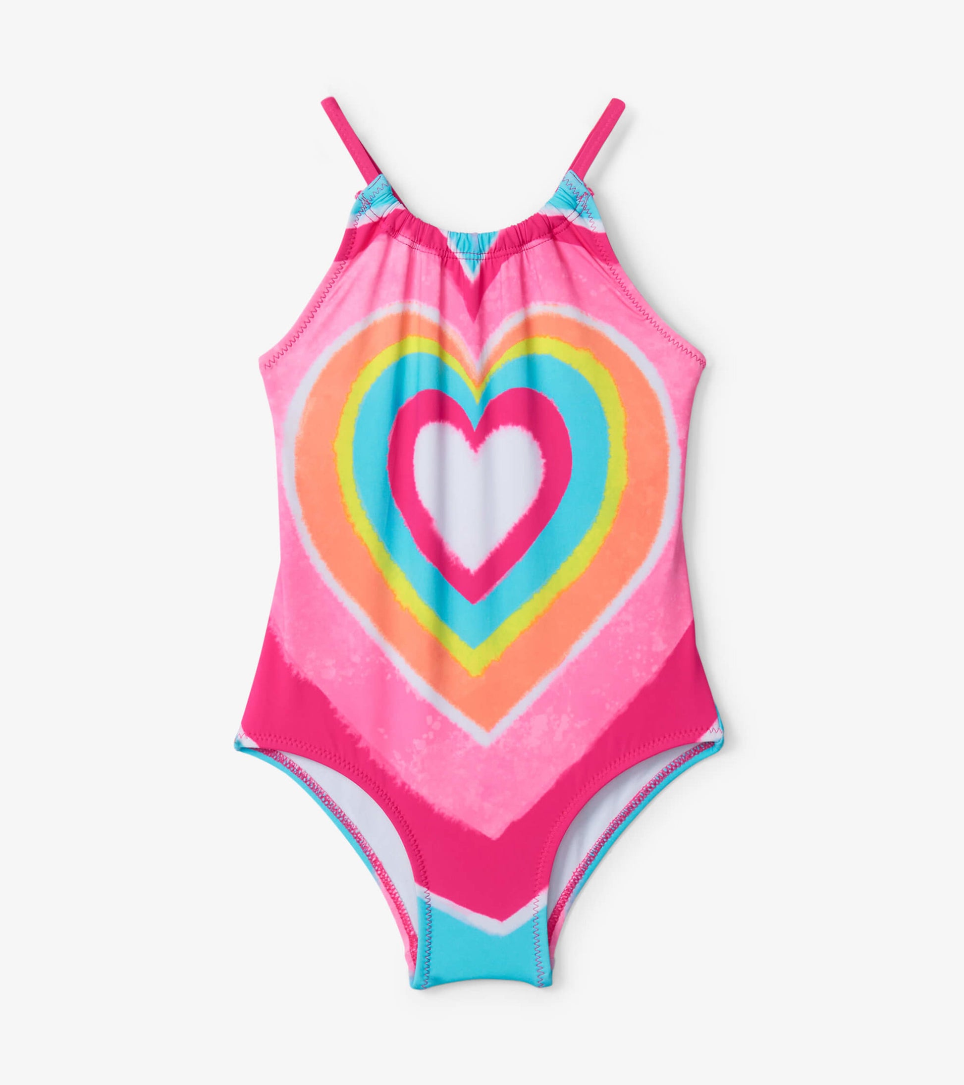Psychedelic heart-patterned swimsuit in pink, featuring colorful concentric hearts and adjustable straps.