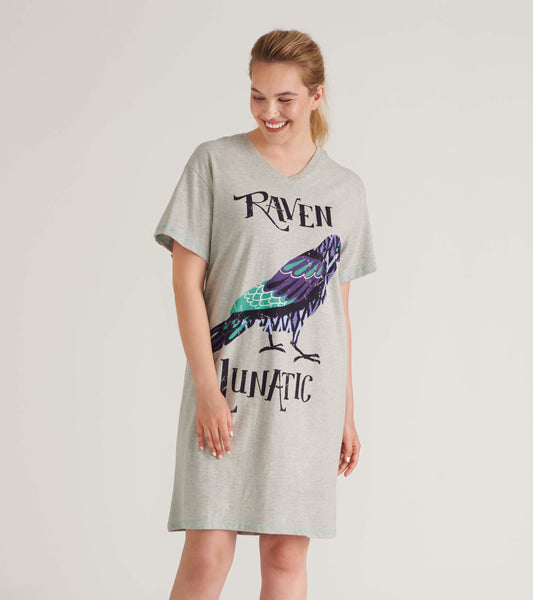 Gray sleepshirt featuring a colorful raven graphic and the word "Lunatic," with a relaxed fit and V-neck design.