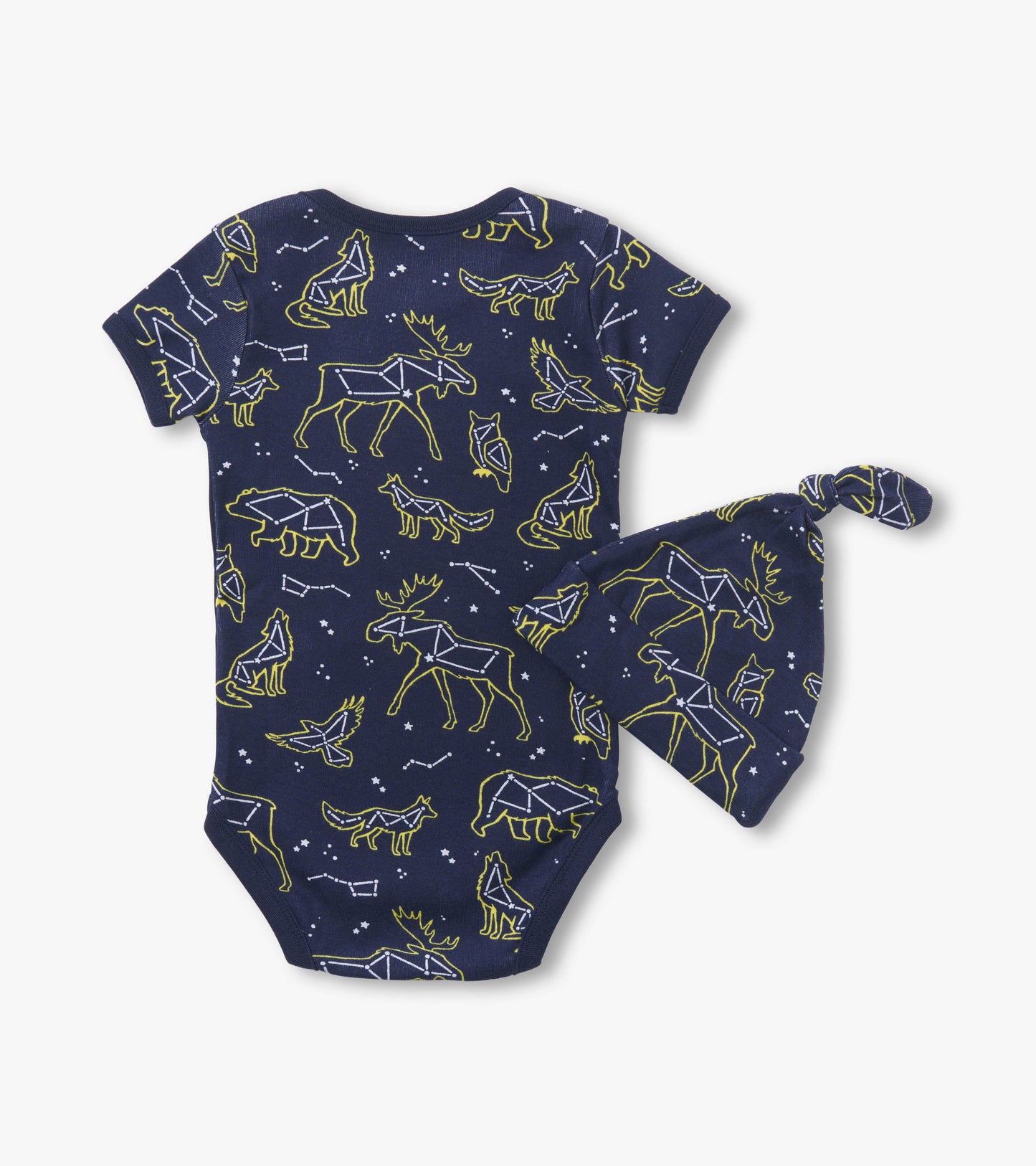 Navy blue bodysuit and matching hat featuring animal constellations in yellow outline. Suitable for infants.