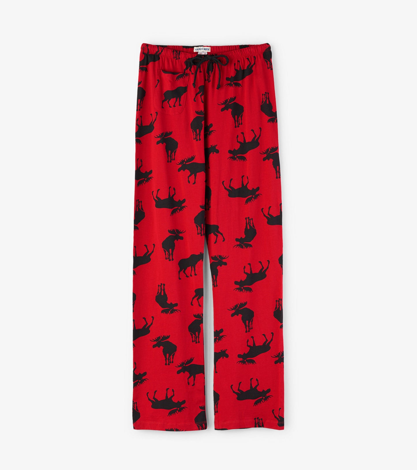 Red cotton pajama pants featuring a black moose pattern, with an elastic waistband and drawstring.