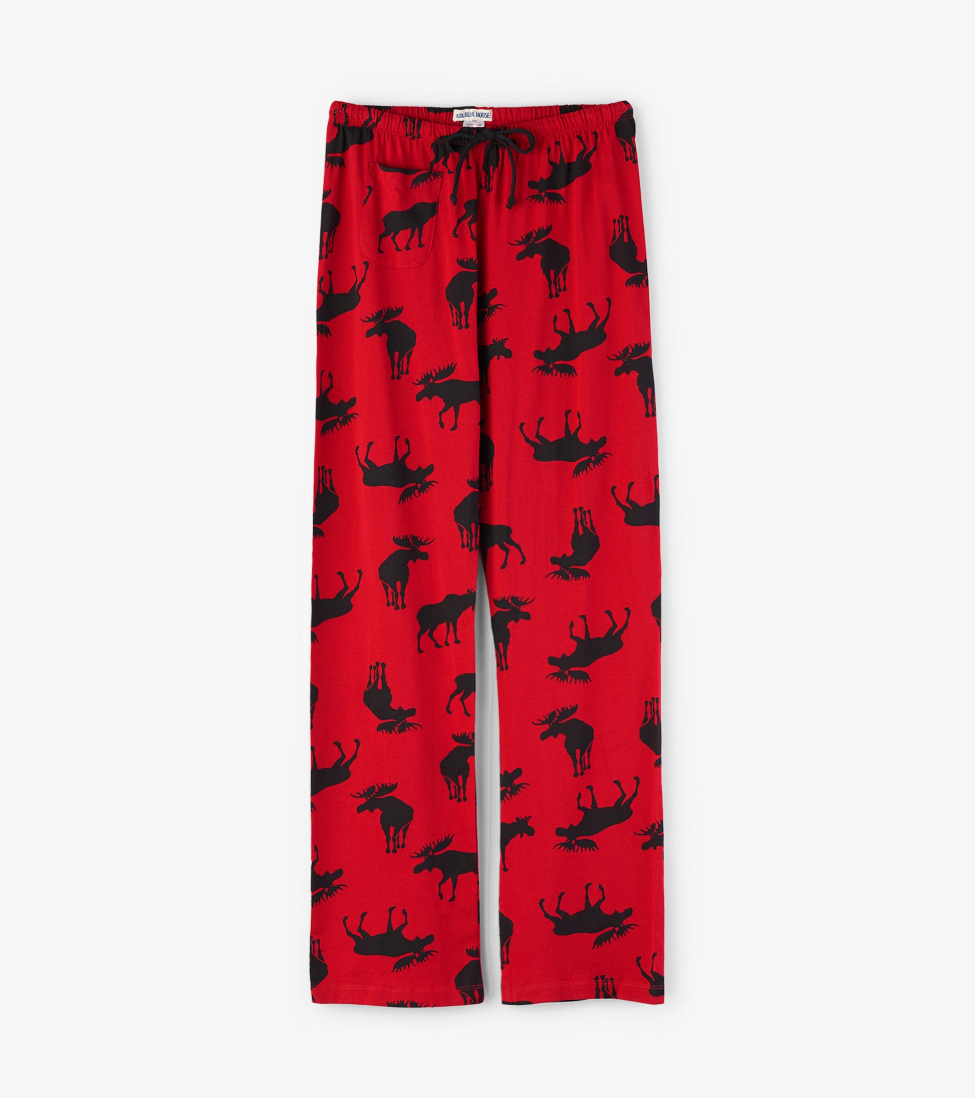 Red cotton pajama pants featuring a black moose pattern, with an elastic waistband and drawstring.