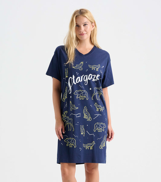 Navy blue sleepshirt featuring a "Stargaze" graphic with animal constellations, short sleeves, and a V-neck design.