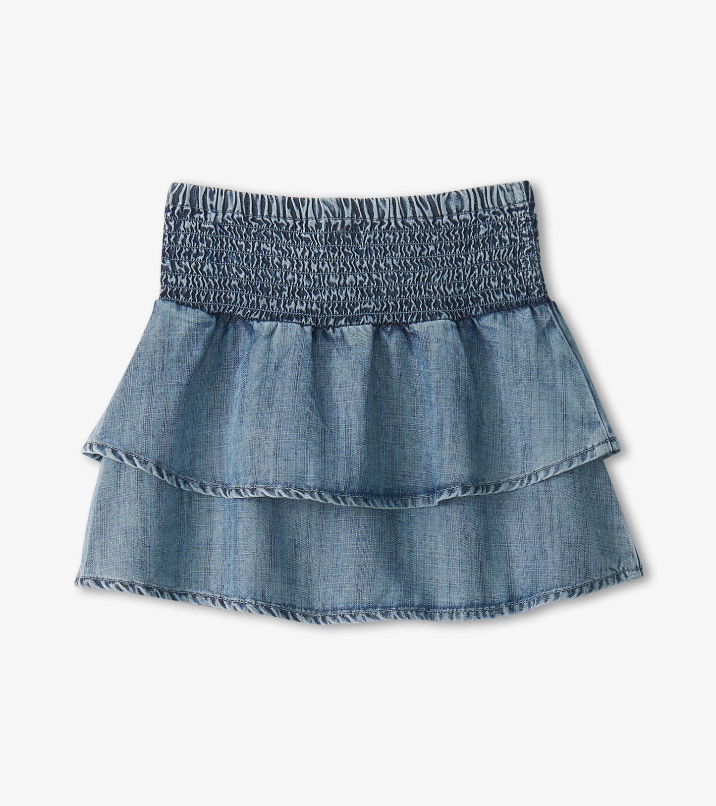 Light blue Tencel smocked skirt with two layered ruffles, designed for girls.