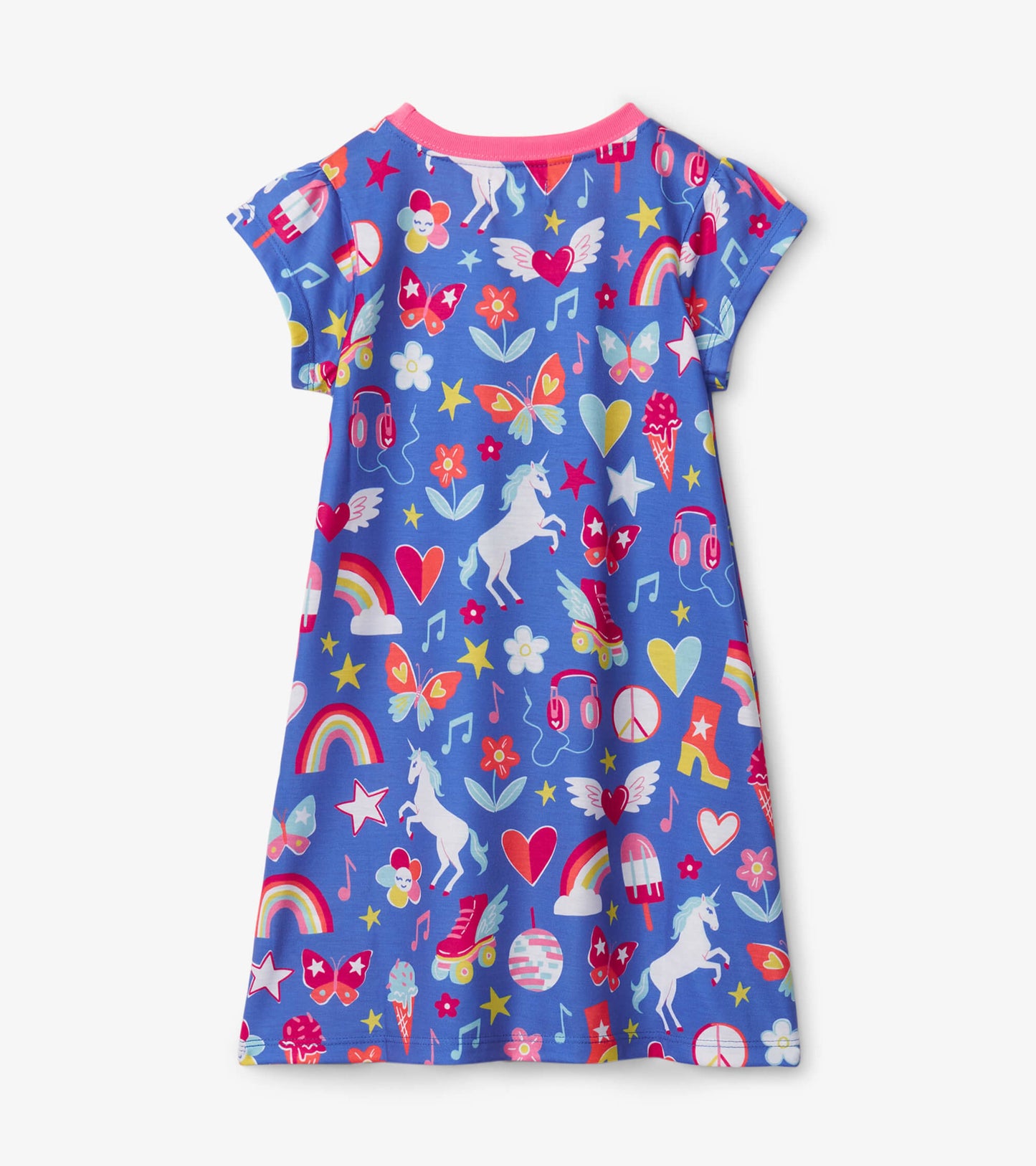 Short sleeve nightdress in blue with colorful unicorns, hearts, rainbows, and flowers, featuring a pink neckline.