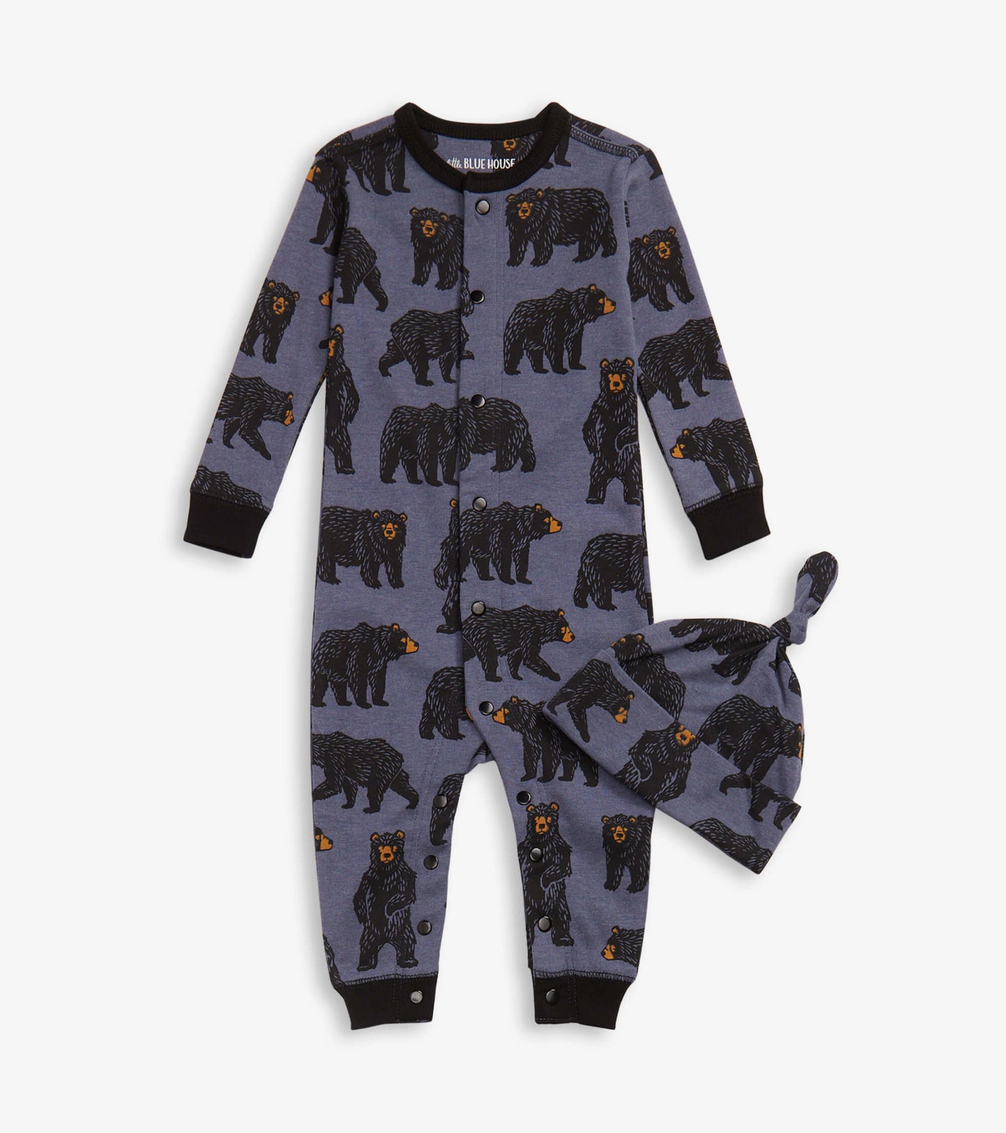 Gray baby sleeper with black bear print and matching hat, featuring snap closures and long sleeves.