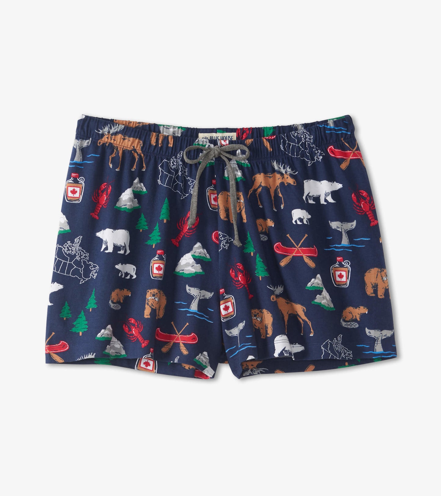 Navy cotton sleep shorts featuring a fun wildlife pattern with moose, bears, and canoes, finished with an elastic waistband.