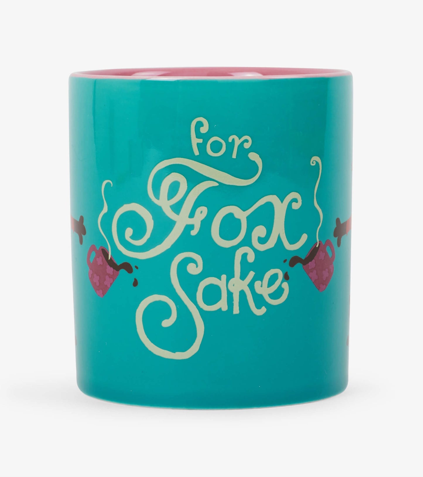 Turquoise ceramic mug featuring whimsical "for Fox Sake" text and heart-shaped designs. Ideal for hot beverages.