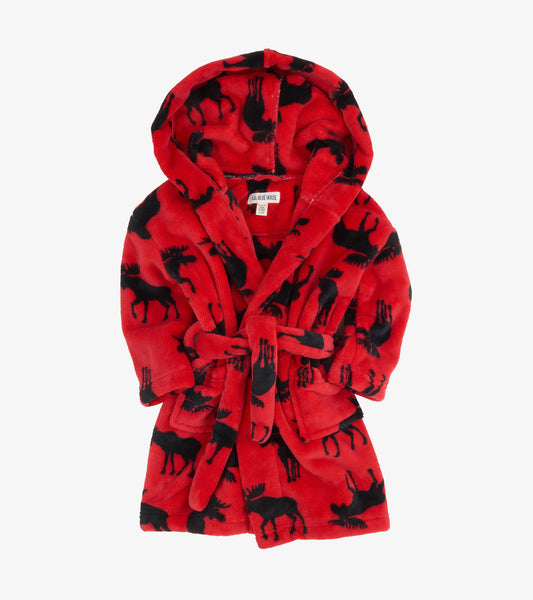 Red fleece robe featuring a moose pattern, with a hood and tie belt, suitable for kids ages 2-10.