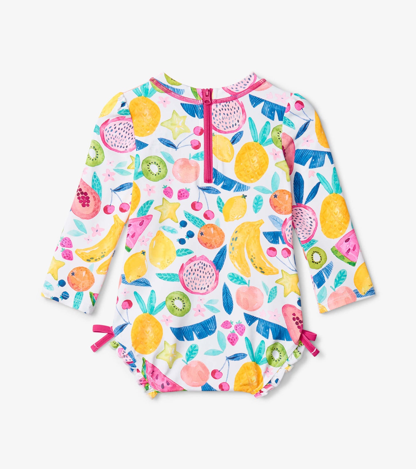 Long-sleeve baby rashguard swimsuit featuring a colorful fruit print on a white background with pink accents.