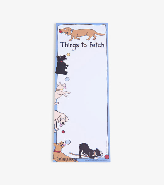 Magnetic notepad featuring playful dog illustrations and "Things to fetch" text on a light blue background.