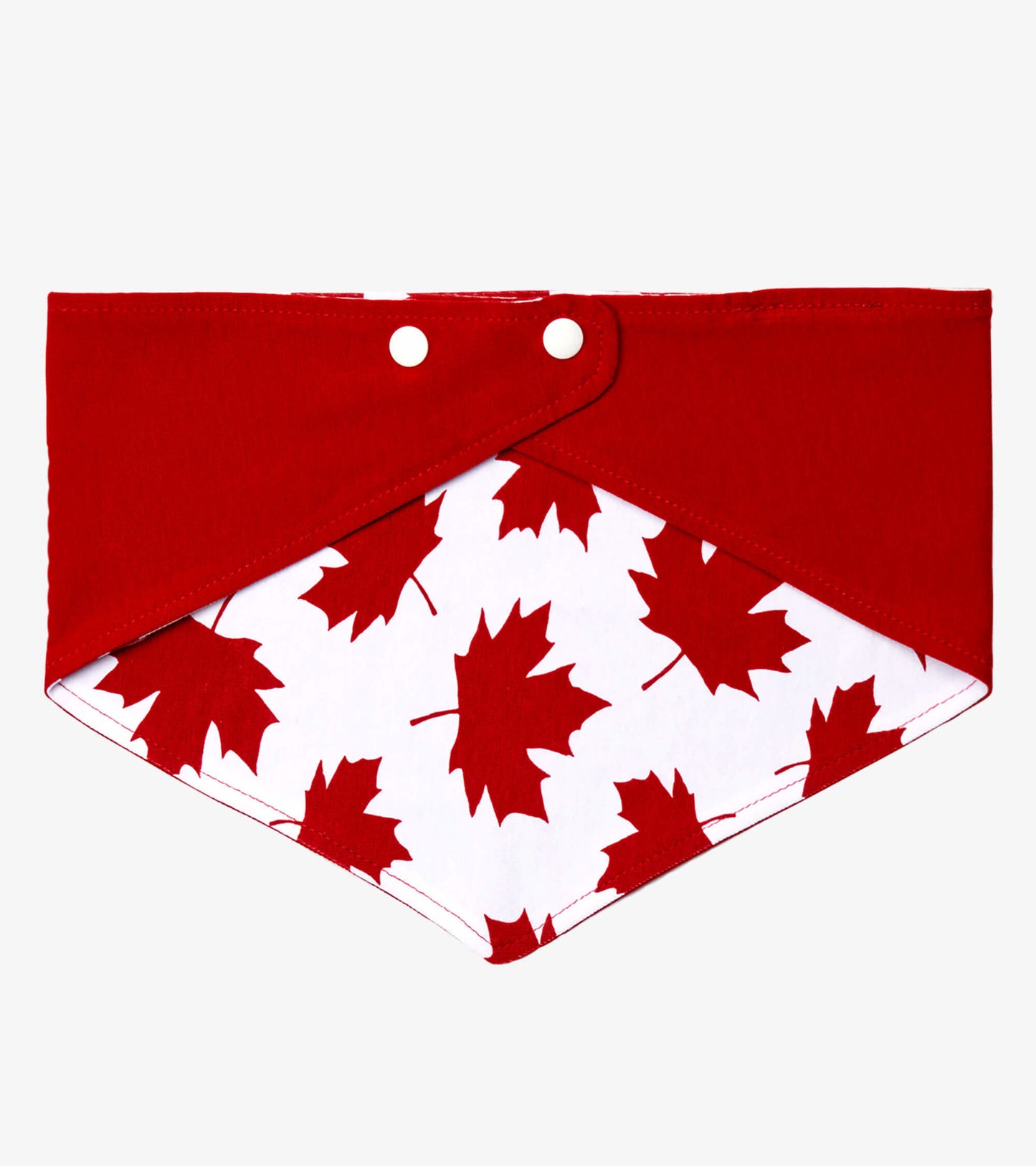 Red dog bandana featuring a white background with red maple leaf patterns, designed for stylish pet wear.