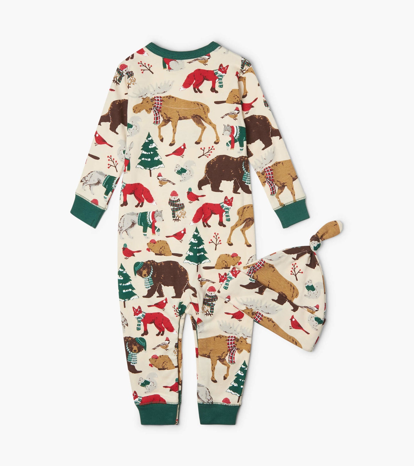Cream-colored baby coverall with woodland animal print, featuring a matching hat, designed for winter wear.