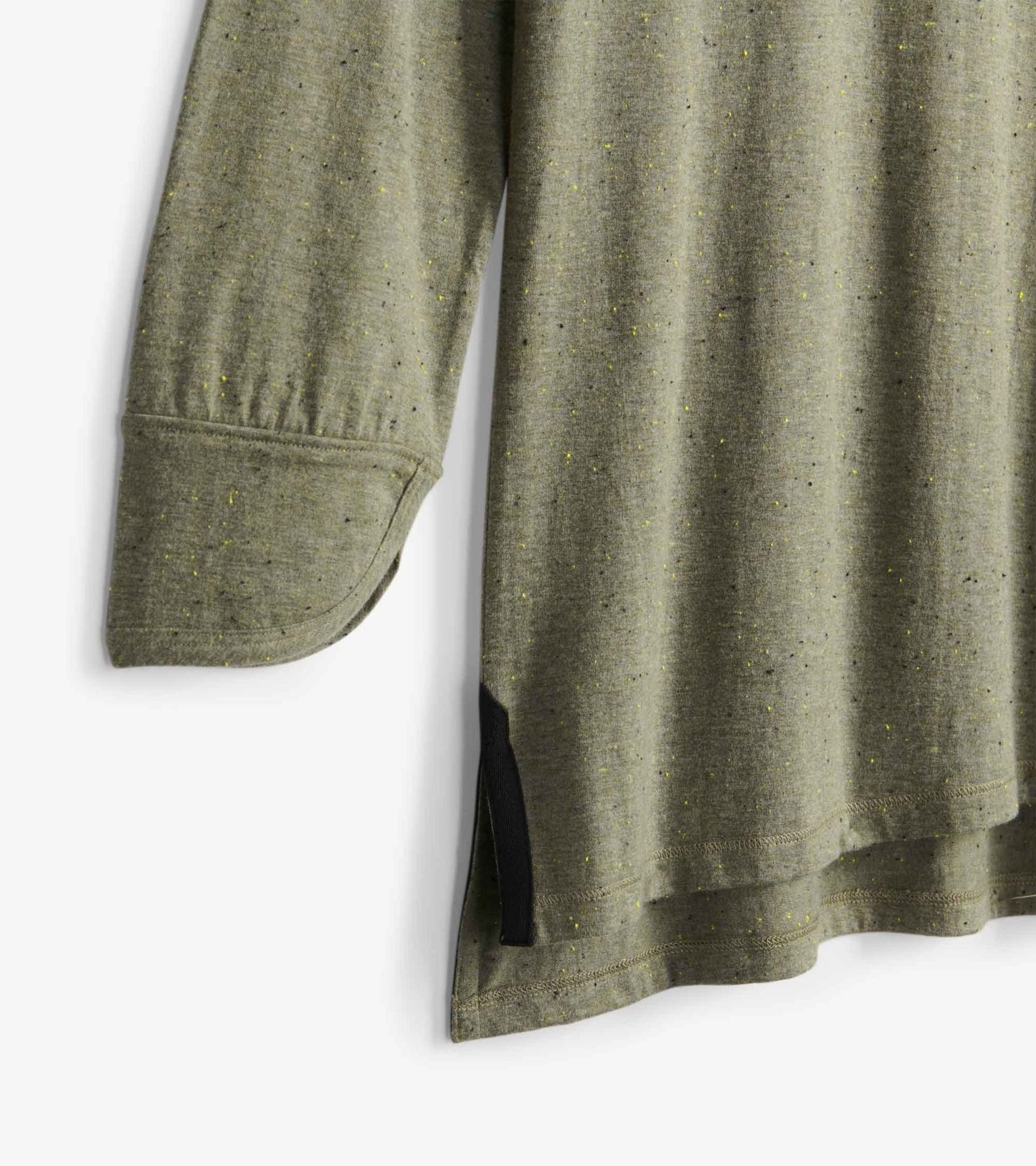 Loden green 3/4 sleeve Breton top with speckled pattern and side slits for added style and comfort.
