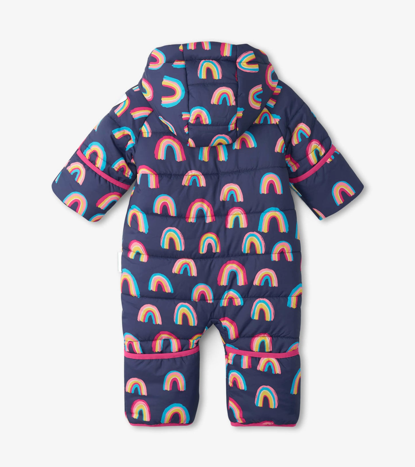 Navy baby snowsuit featuring colorful rainbow patterns, hood, and quilted design, suitable for cold weather.