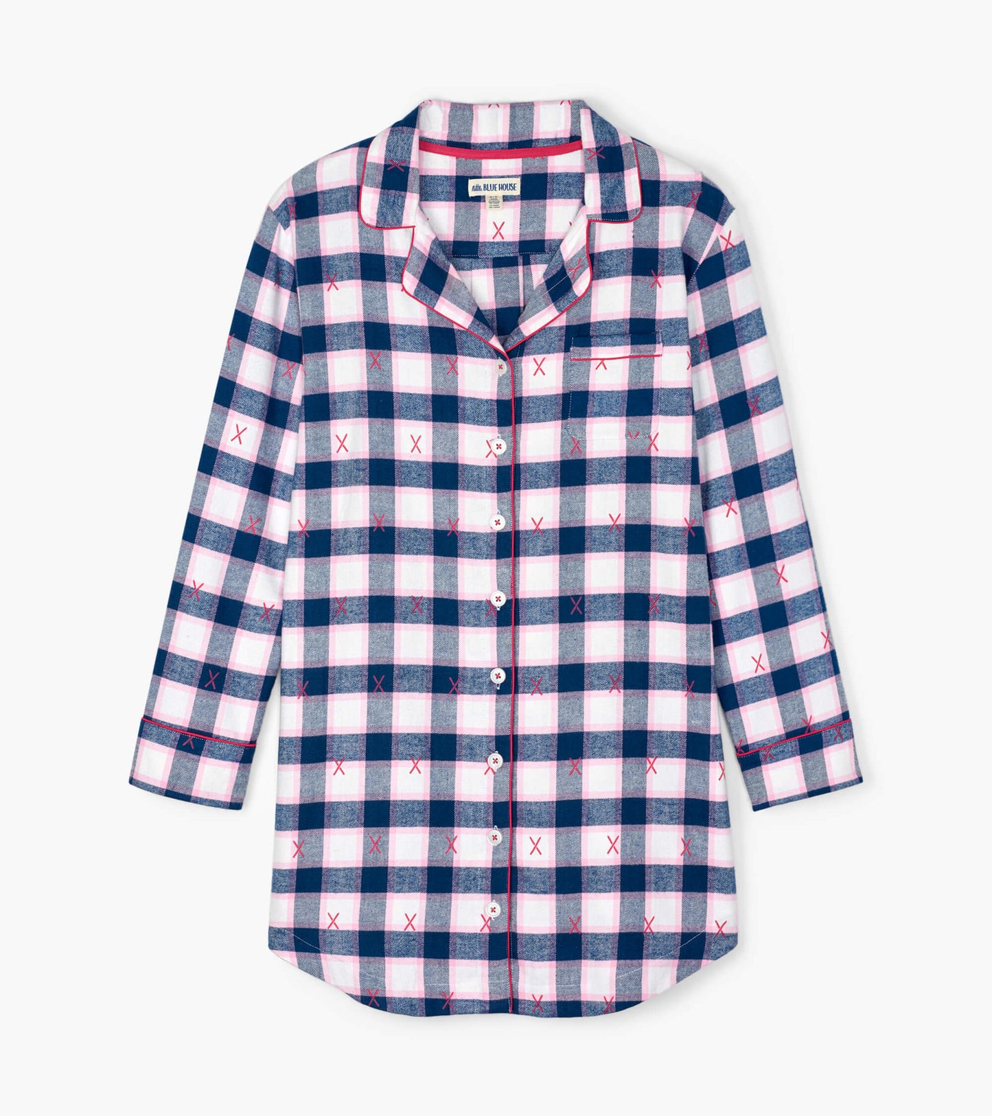 Navy and white plaid flannel nightdress with pink accents, featuring a button front and long sleeves.