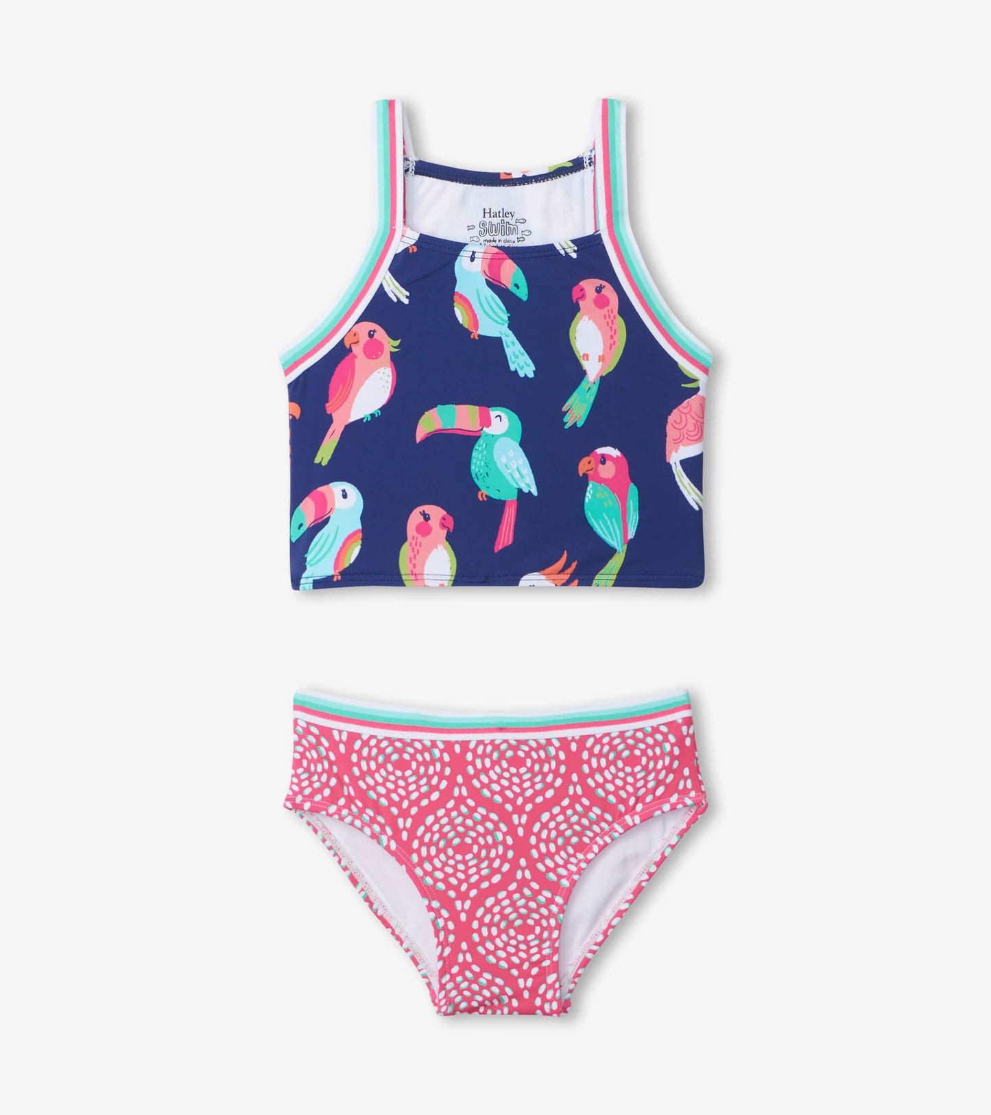 Navy tankini top with colorful tropical bird print and pink patterned bottoms, featuring a comfortable fit for kids.