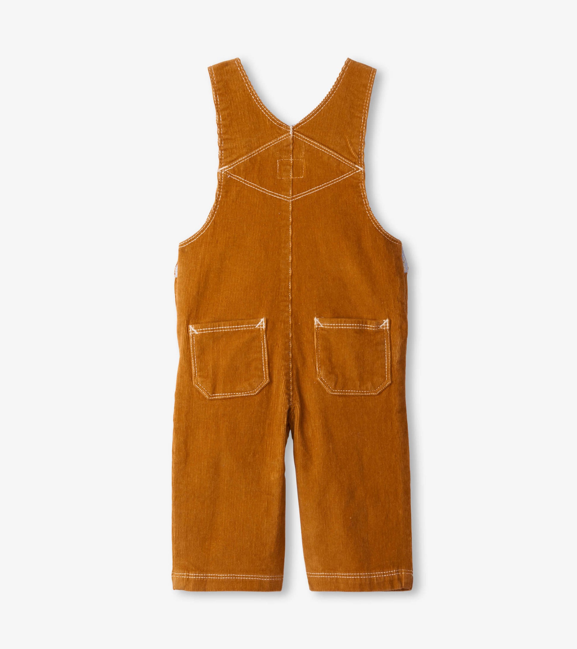 Pecan brown baby corduroy overalls with adjustable straps and two back pockets.