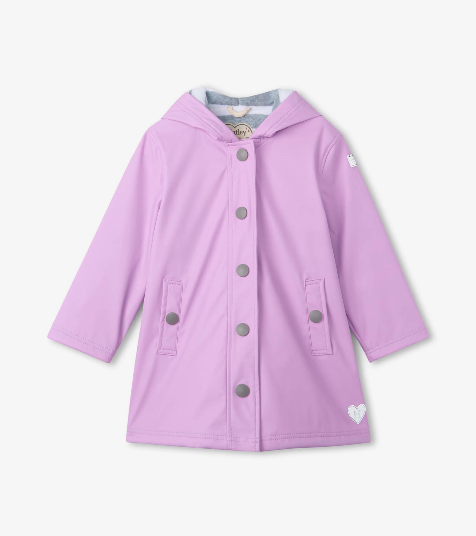Lilac button-up rain jacket with a hood, snap buttons, and side pockets for girls.