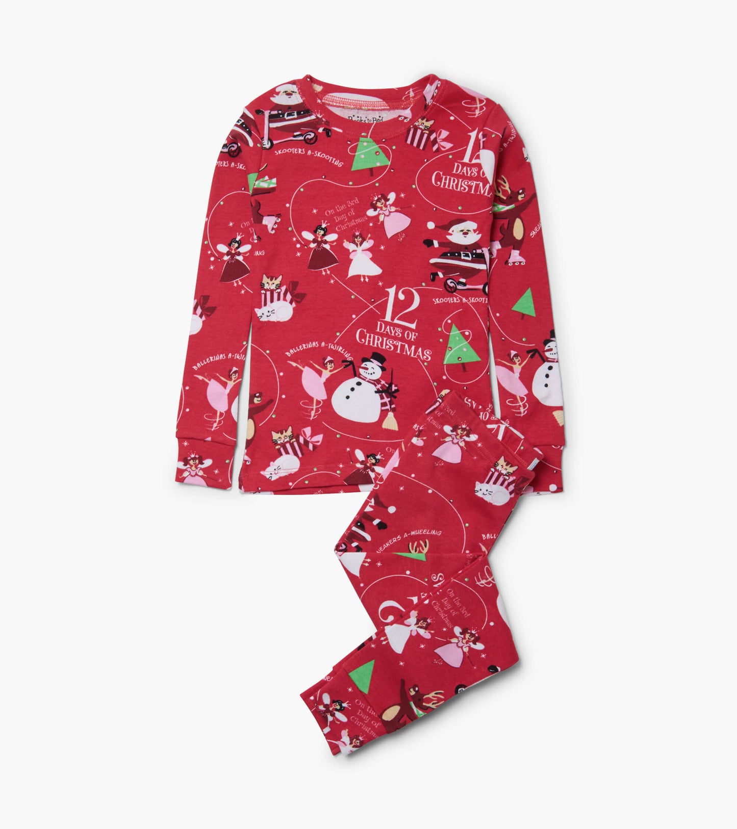Red pajama set featuring a festive "12 Days of Christmas" print with snowmen, gifts, and holiday characters.