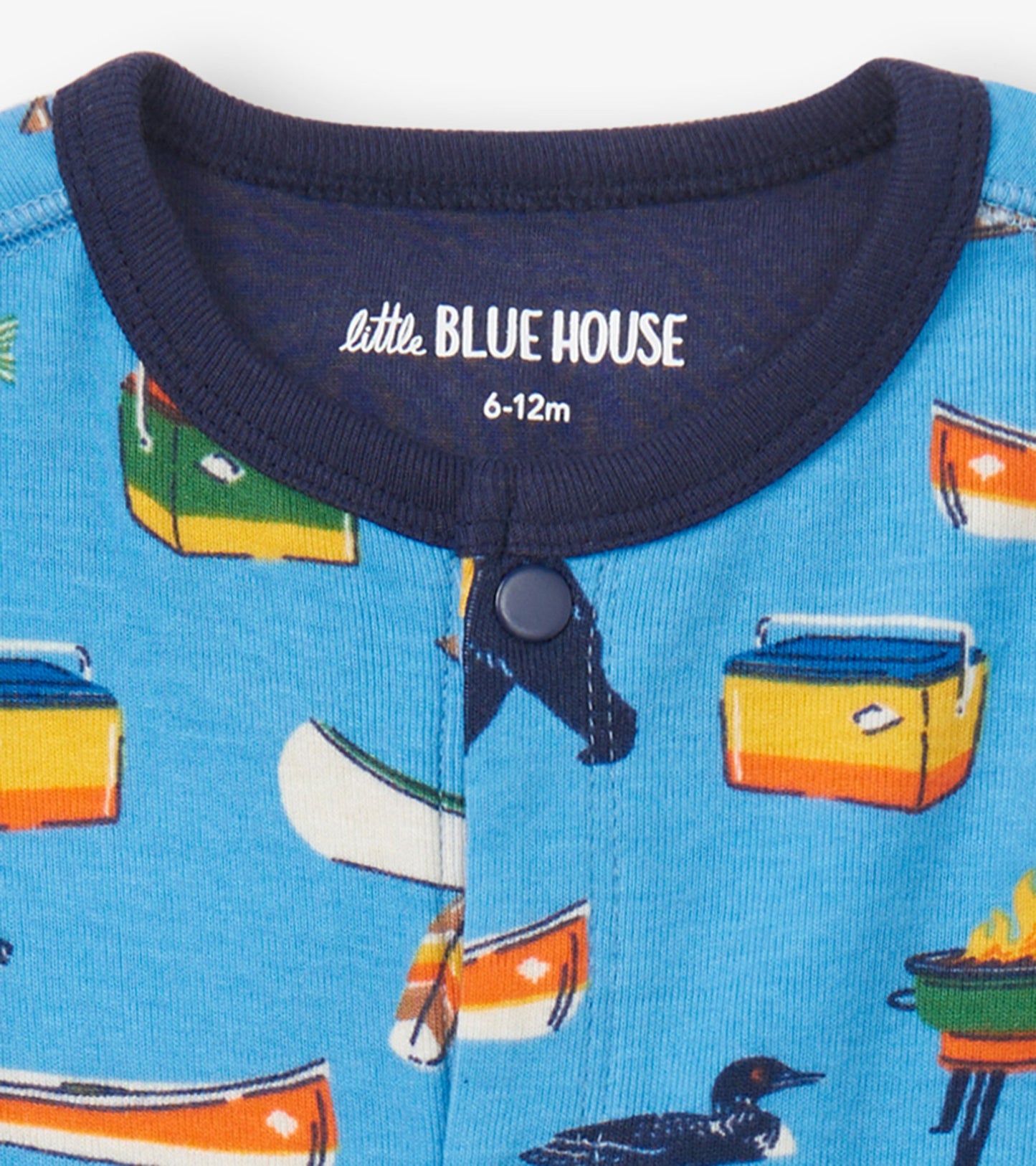 Blue baby sleeper featuring a playful lake-themed pattern with boats and wildlife, designed for sizes 6-12 months.