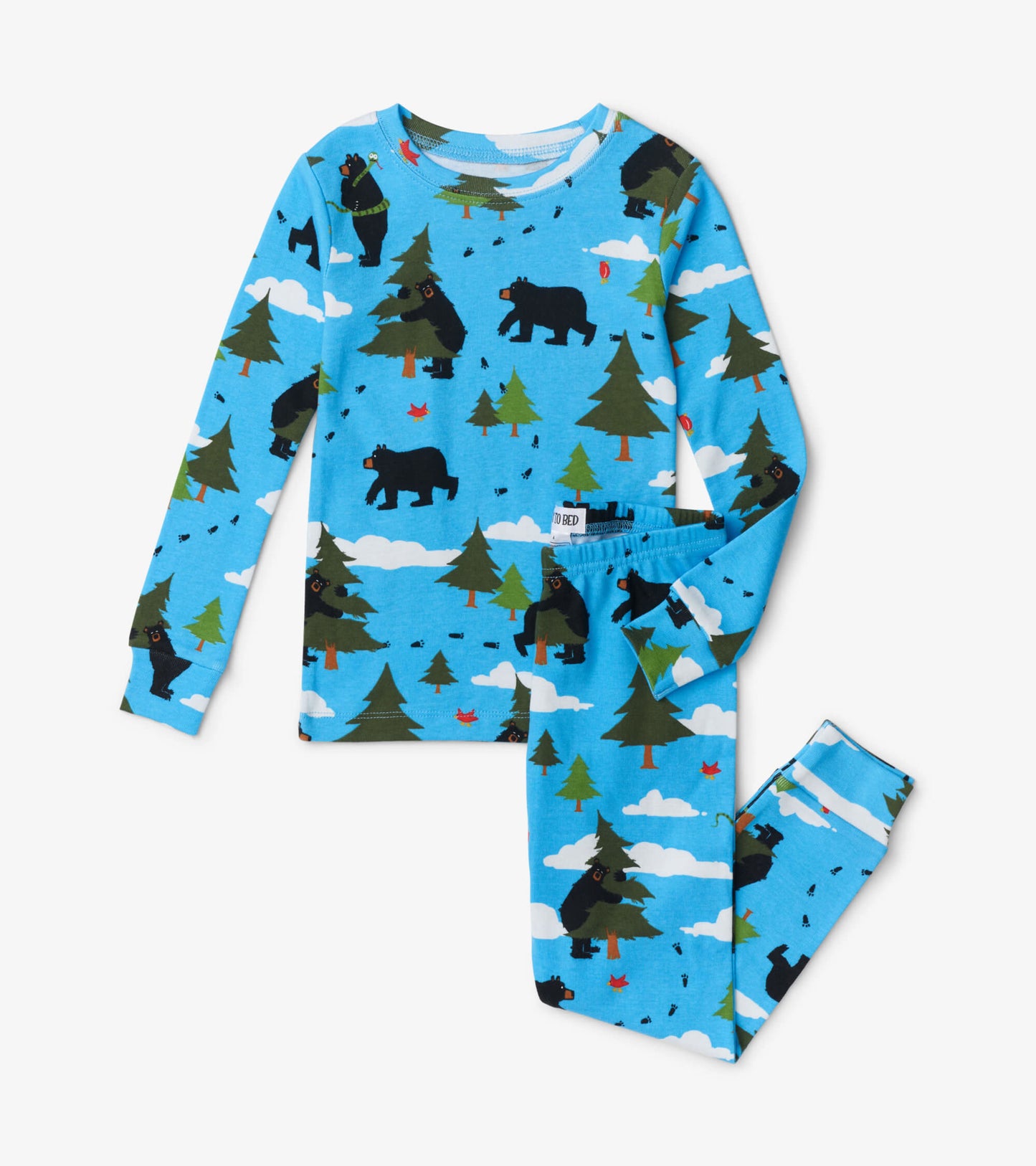 Blue pajama set featuring black bears, trees, and clouds, made from soft fabric, includes long-sleeve top and matching pants.