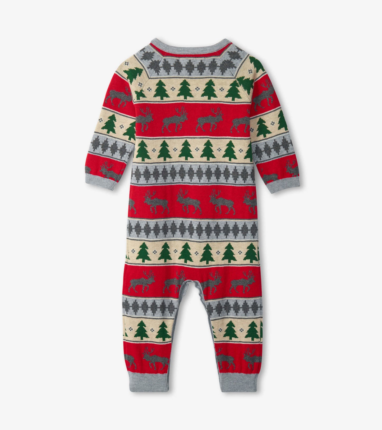 Red Fair Isle baby romper featuring elk and tree patterns, with gray cuffs and a round neckline.