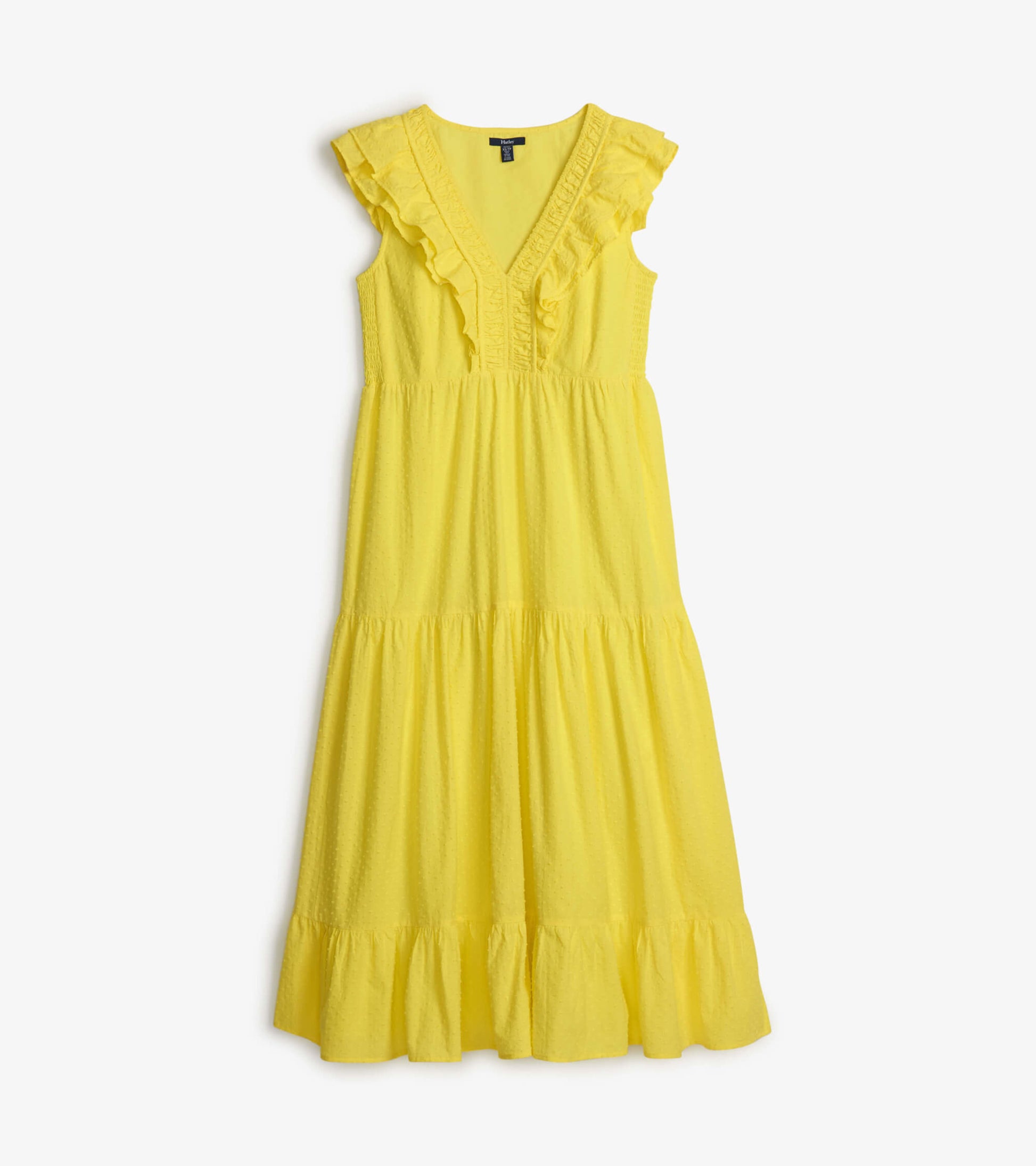 Yellow Swiss dot midi dress with ruffled sleeves and a tiered skirt, featuring a V-neckline.