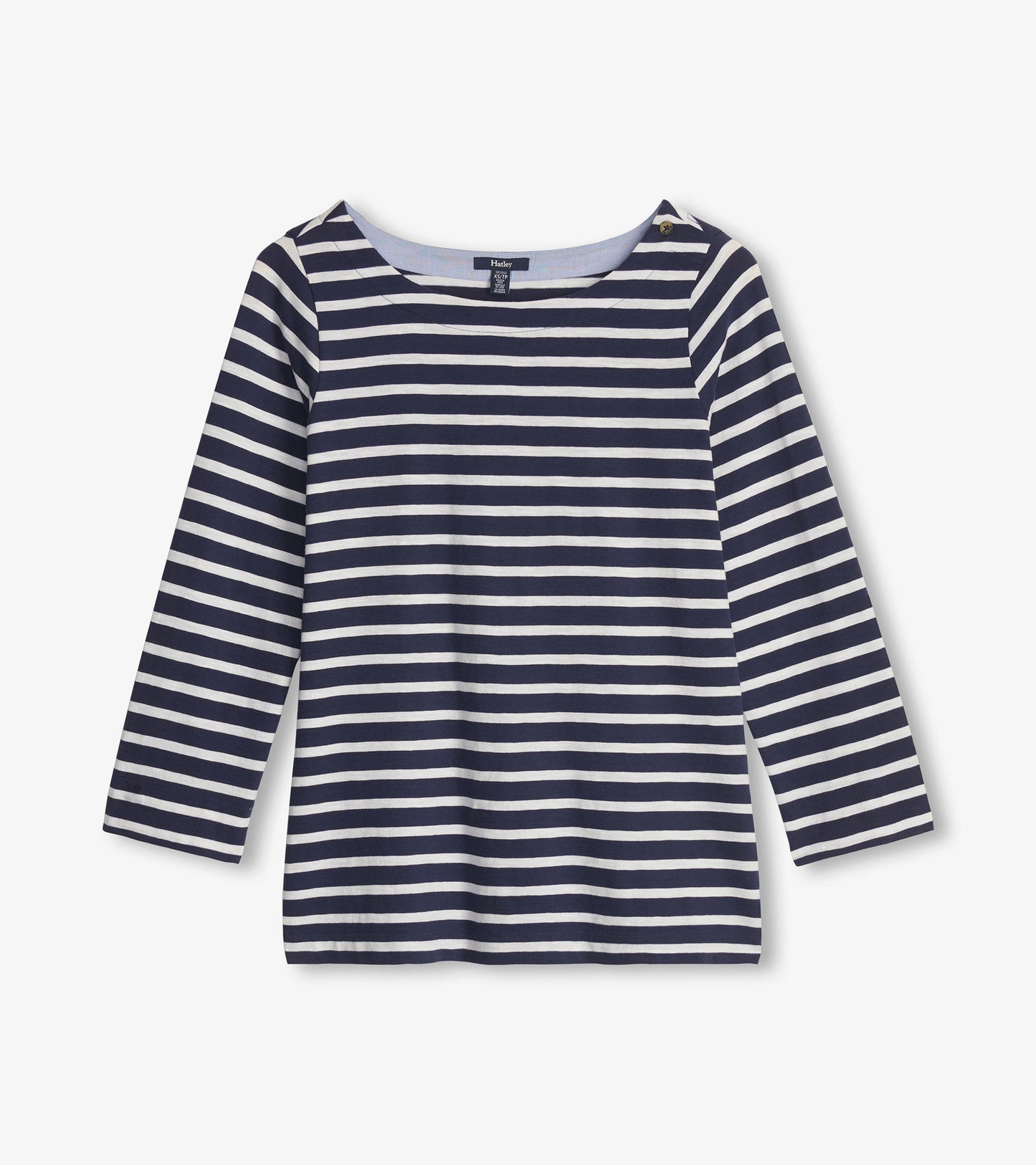 Navy blue long-sleeve top with white horizontal stripes and a scoop neckline.