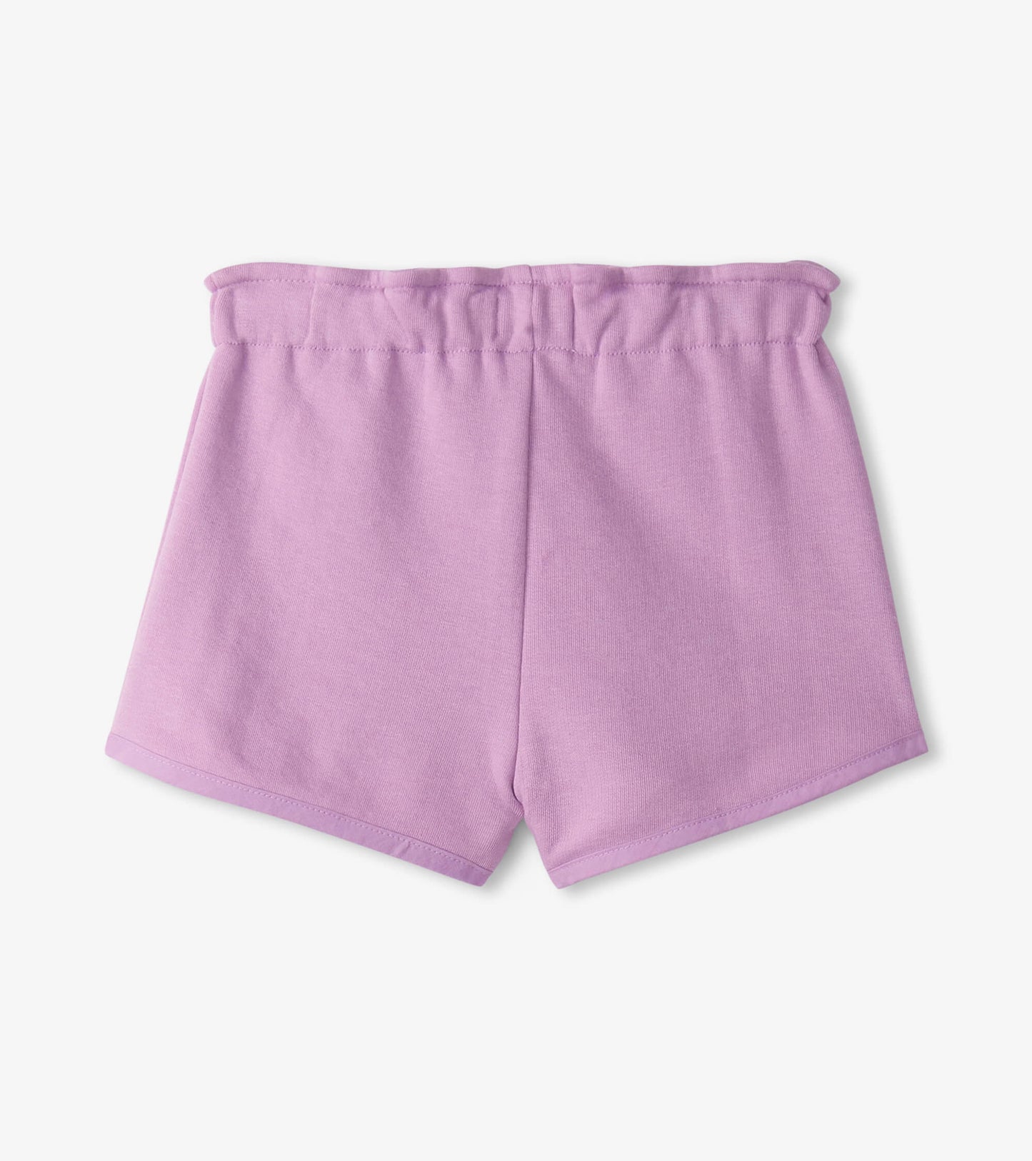 Lilac paper bag shorts with an elastic waistband, featuring a soft, lightweight fabric and a relaxed fit.