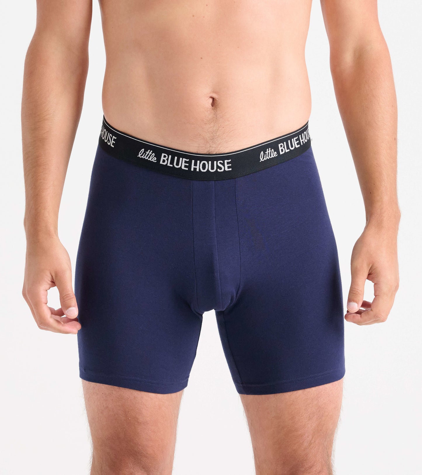 Navy blue men's boxer briefs with a black elastic waistband, fitted design, and soft fabric.