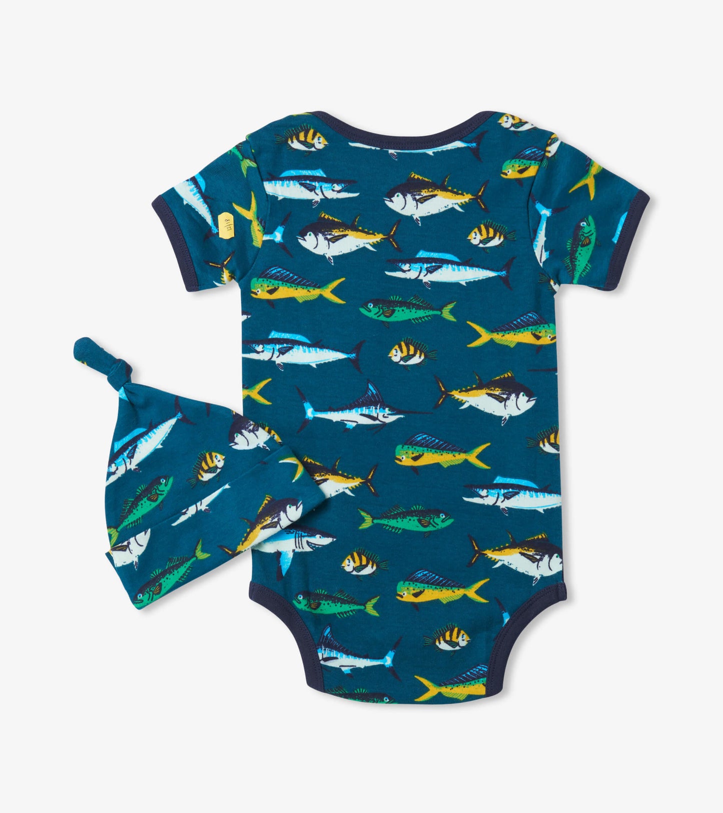 Teal baby bodysuit with colorful fish print and matching hat, designed for infants aged 3-24 months.