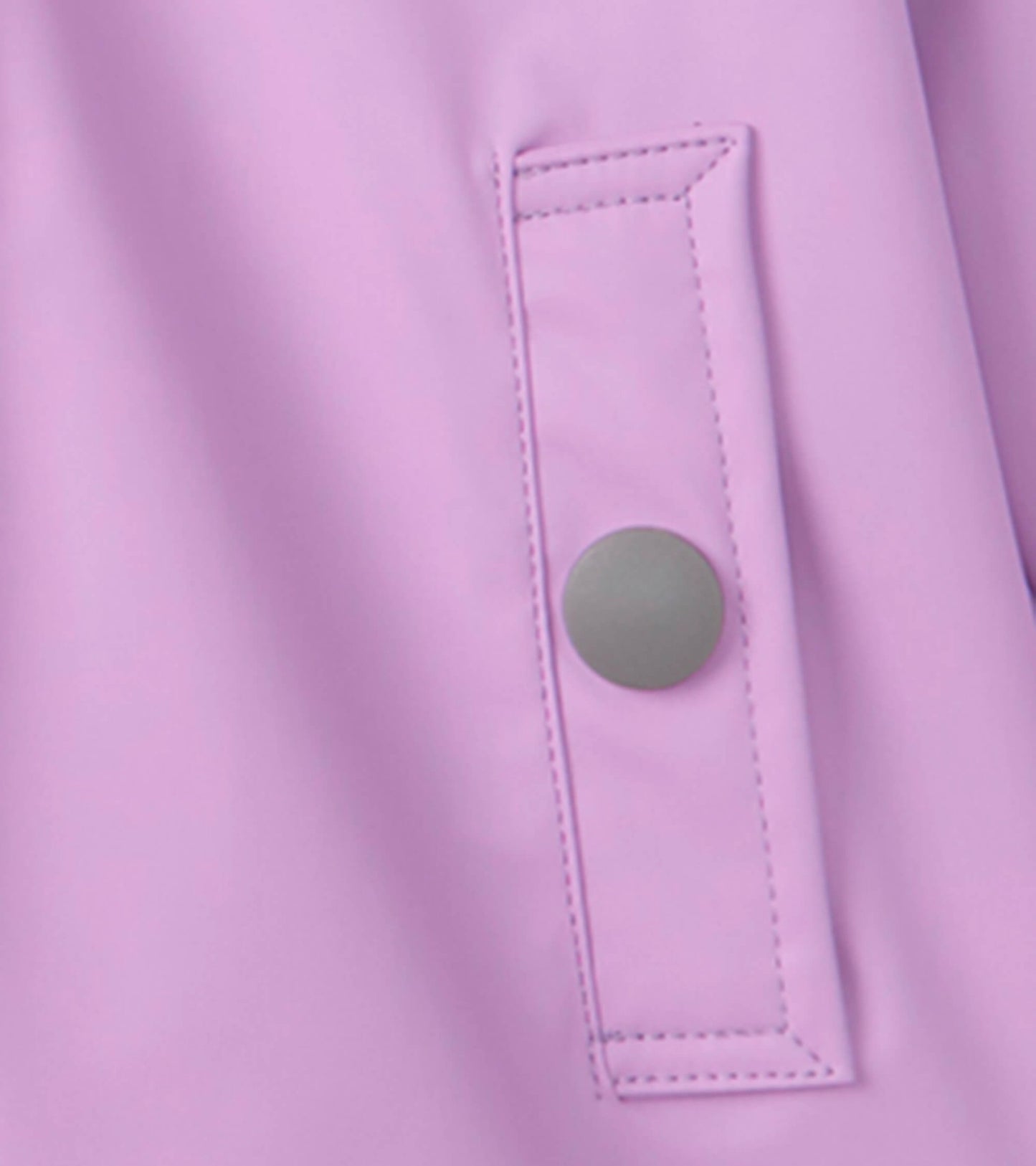 Lilac button-up rain jacket featuring a snap button detail and smooth, waterproof material.
