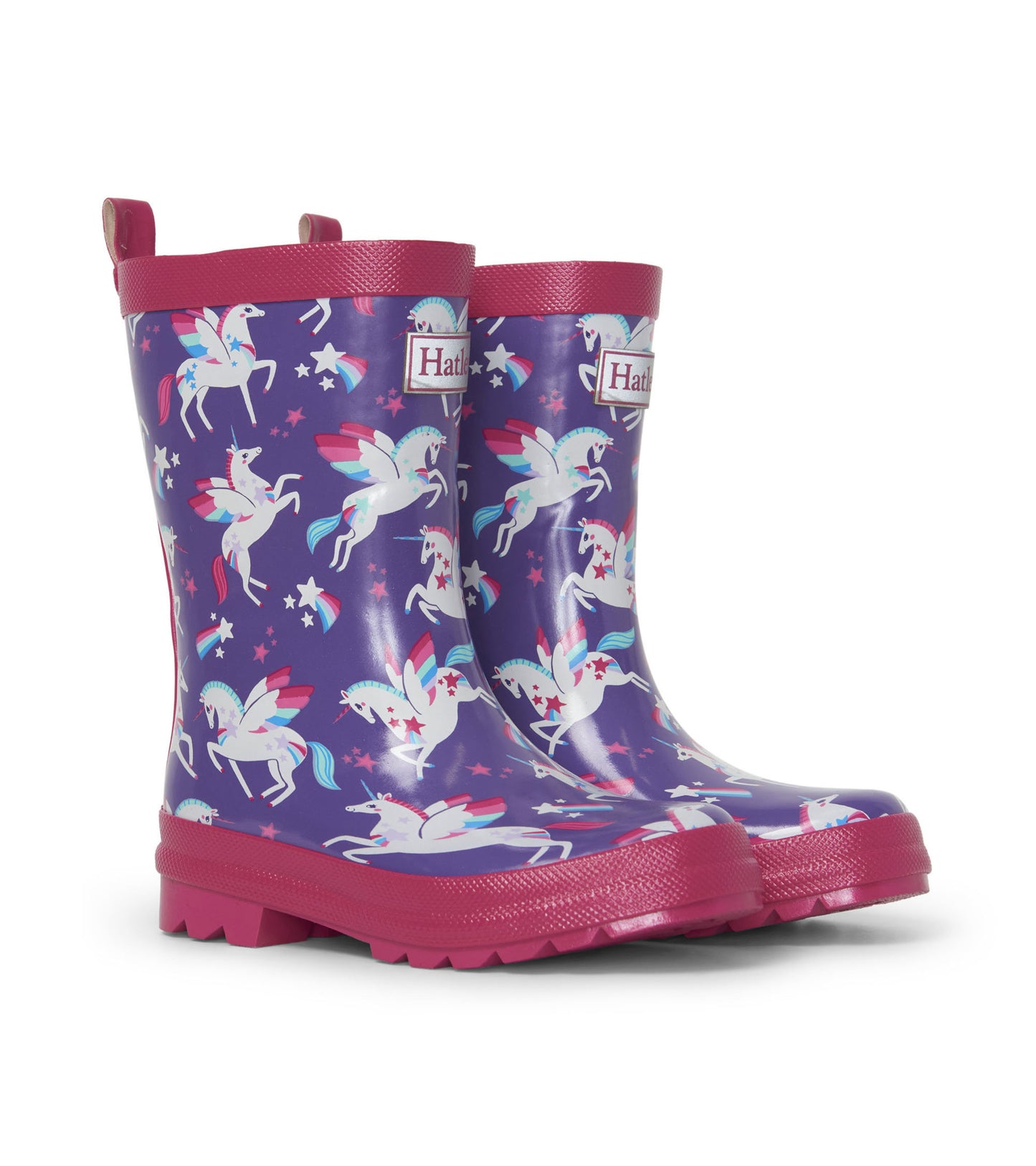 Purple rain boots with unicorn and star patterns, featuring a pink trim and textured soles for grip.