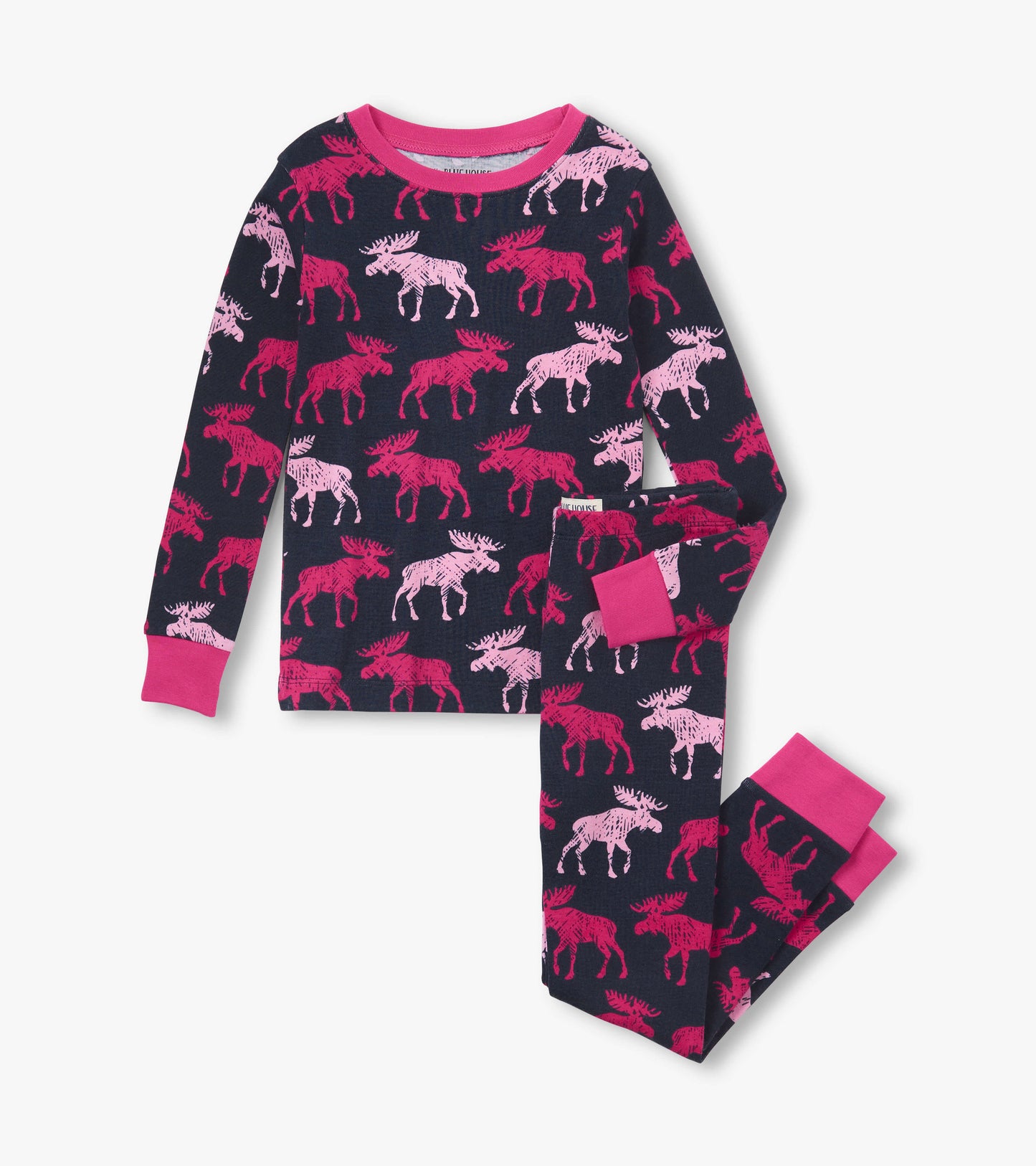 Navy pajama set featuring pink moose patterns, with long sleeves and matching pants, ideal for kids.