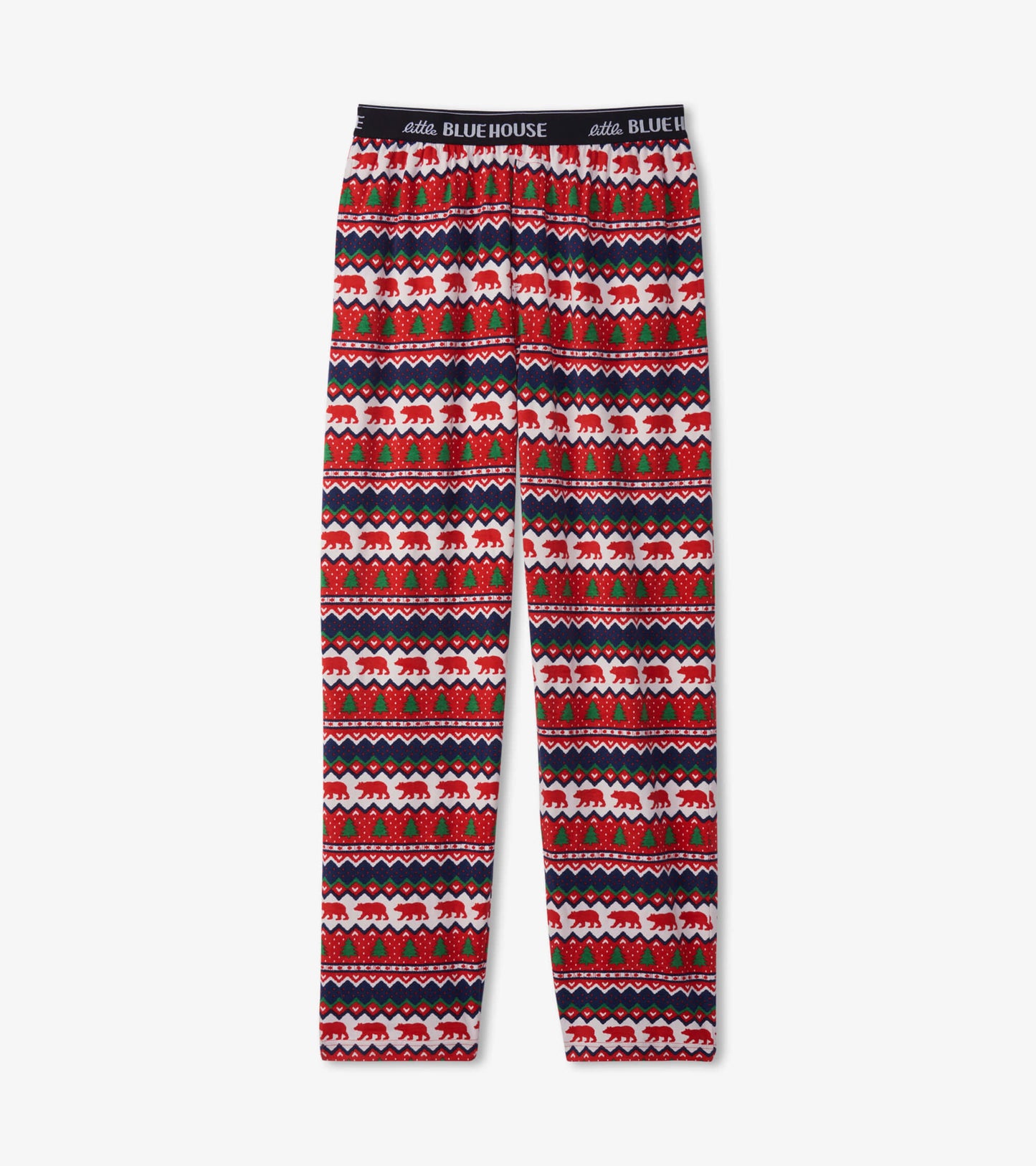 Red and white pajama pants featuring a Fair Isle bear and tree pattern, made of stretch cotton.