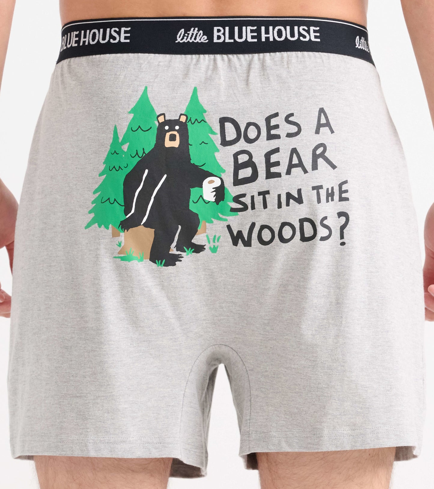 Gray men's boxer shorts featuring a playful bear graphic and text on the back, with a comfortable waistband.