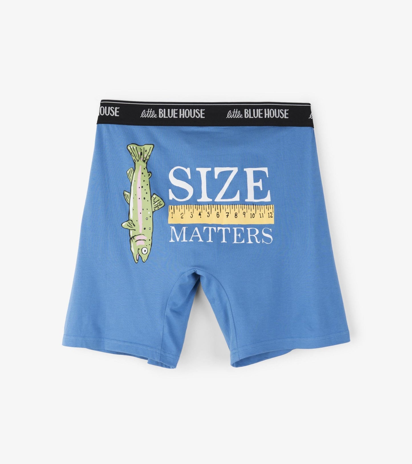 Blue boxer briefs featuring a fish graphic and the text "SIZE MATTERS" with a ruler design.