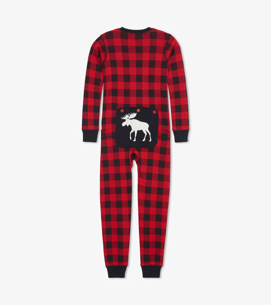 Red and black plaid kids' onesie featuring a white moose design on the back and long sleeves.