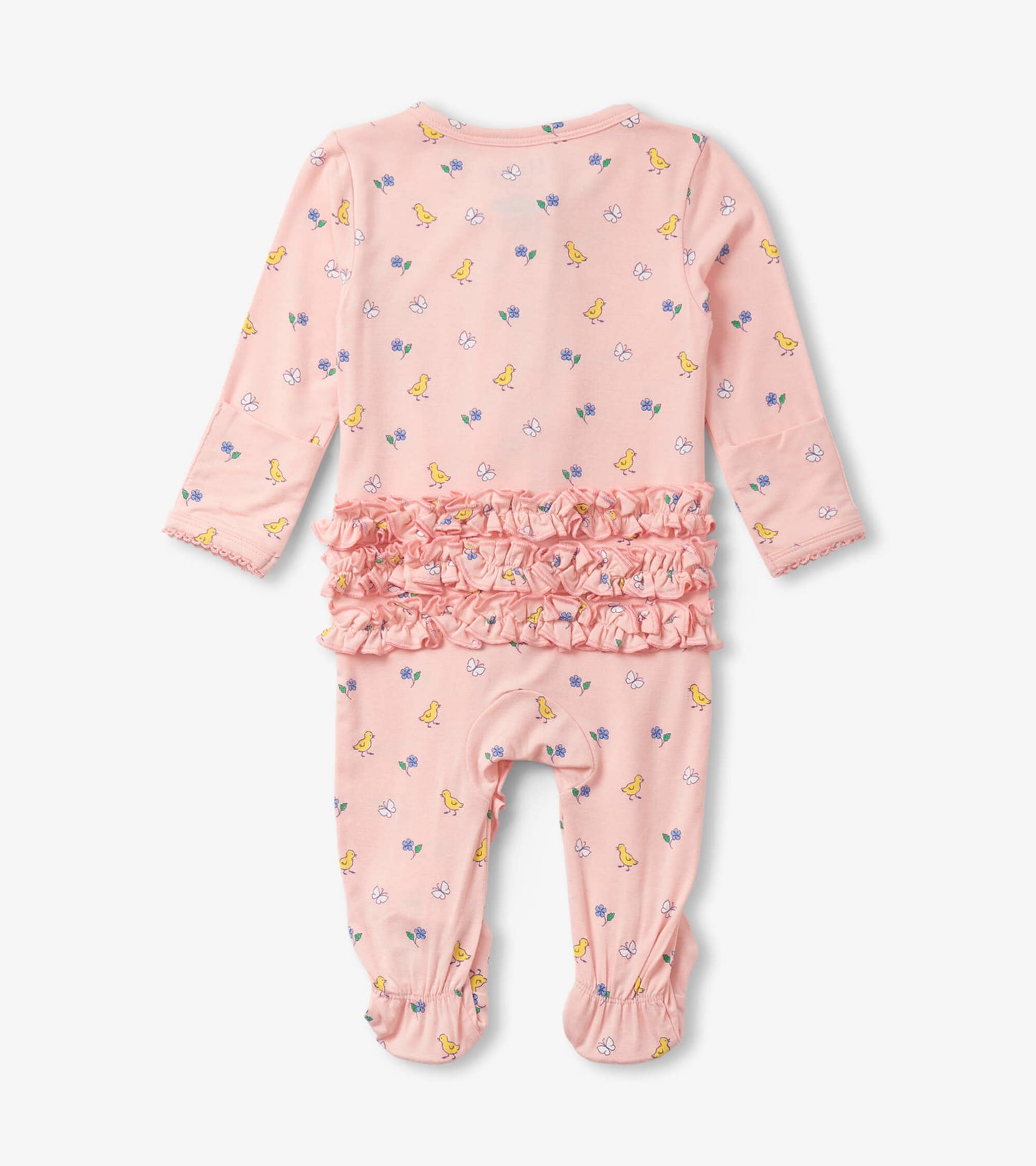 Pink footed sleeper with ruffles, featuring a bird and flower pattern, long sleeves, and elasticized cuffs.